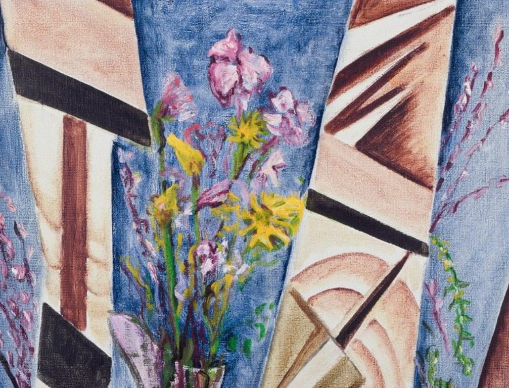 Ridl Telaki, an unknown artist.
Oil on canvas.
Abstract still life with flowers in a vase.
Late 20th century.
Signed.
In perfect condition.
Dimensions: 46.0 cm x 65.0 cm.
Total dimensions: 56.0 cm x 75.0 cm.
