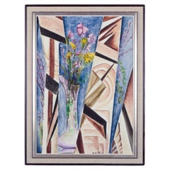 Vintage Ridl Telaki. Oil on canvas. Abstract still life with flowers in a vase.