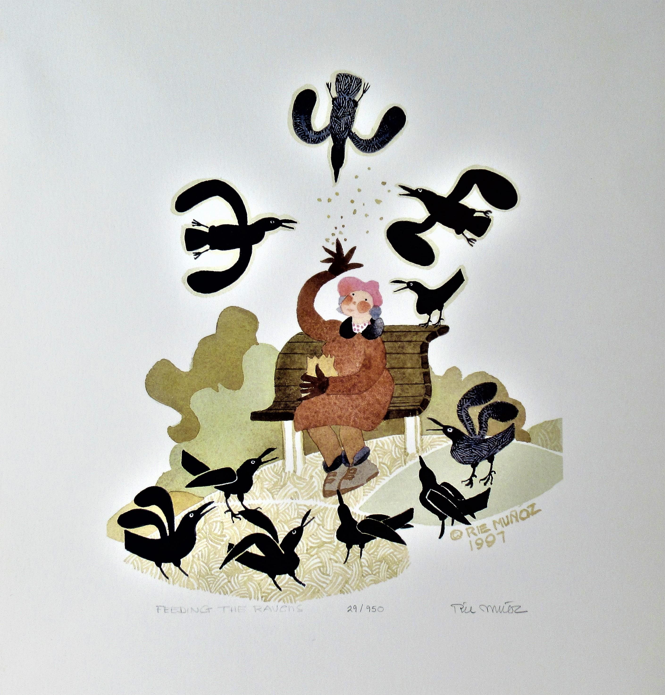 Figurative Print Rie Munoz - Feeding the Ravens ( Feeding the Ravens)