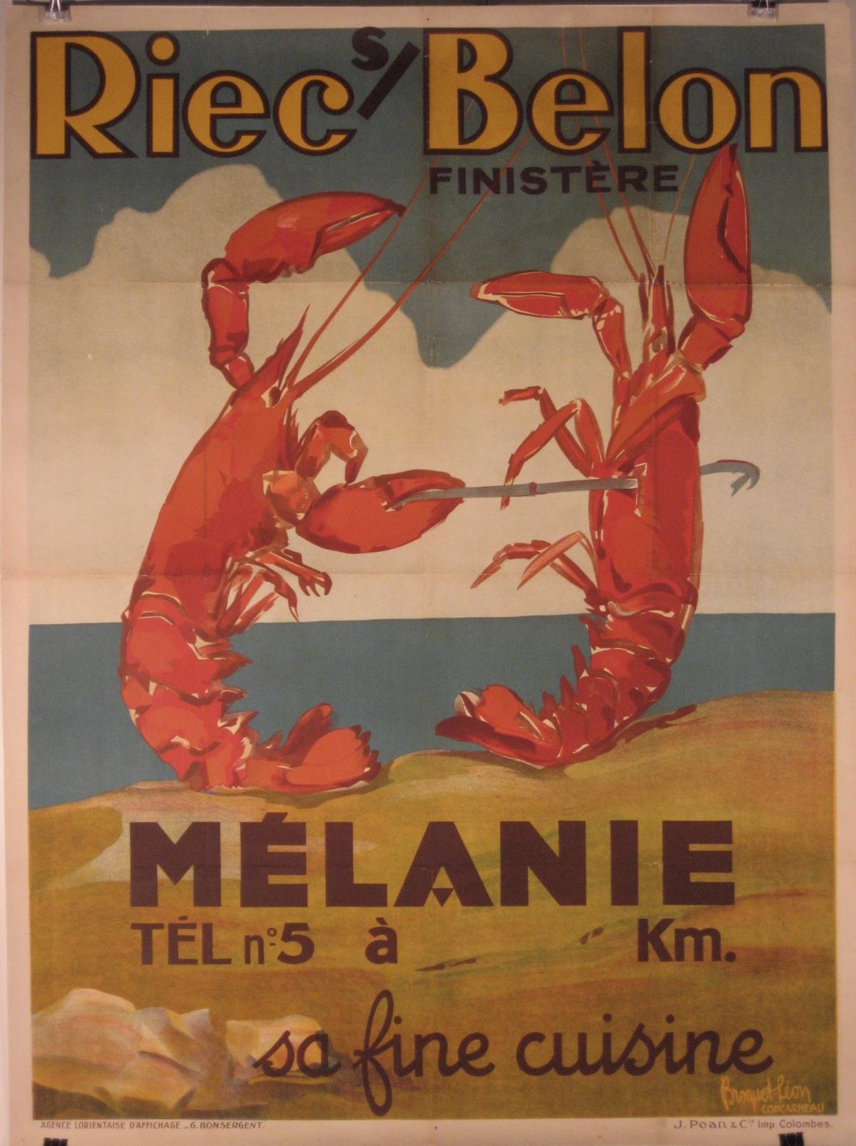 Artist: Leon Esperance Broquet (French 1869 – 1936)

Date of Origin: circa 1930

Medium: Original Stone Lithograph Vintage Poster

Size: 47” x 63”

 

Humoristic poster for the French restaurant Melanie in Riec sur Belon, a commune in the Finistère