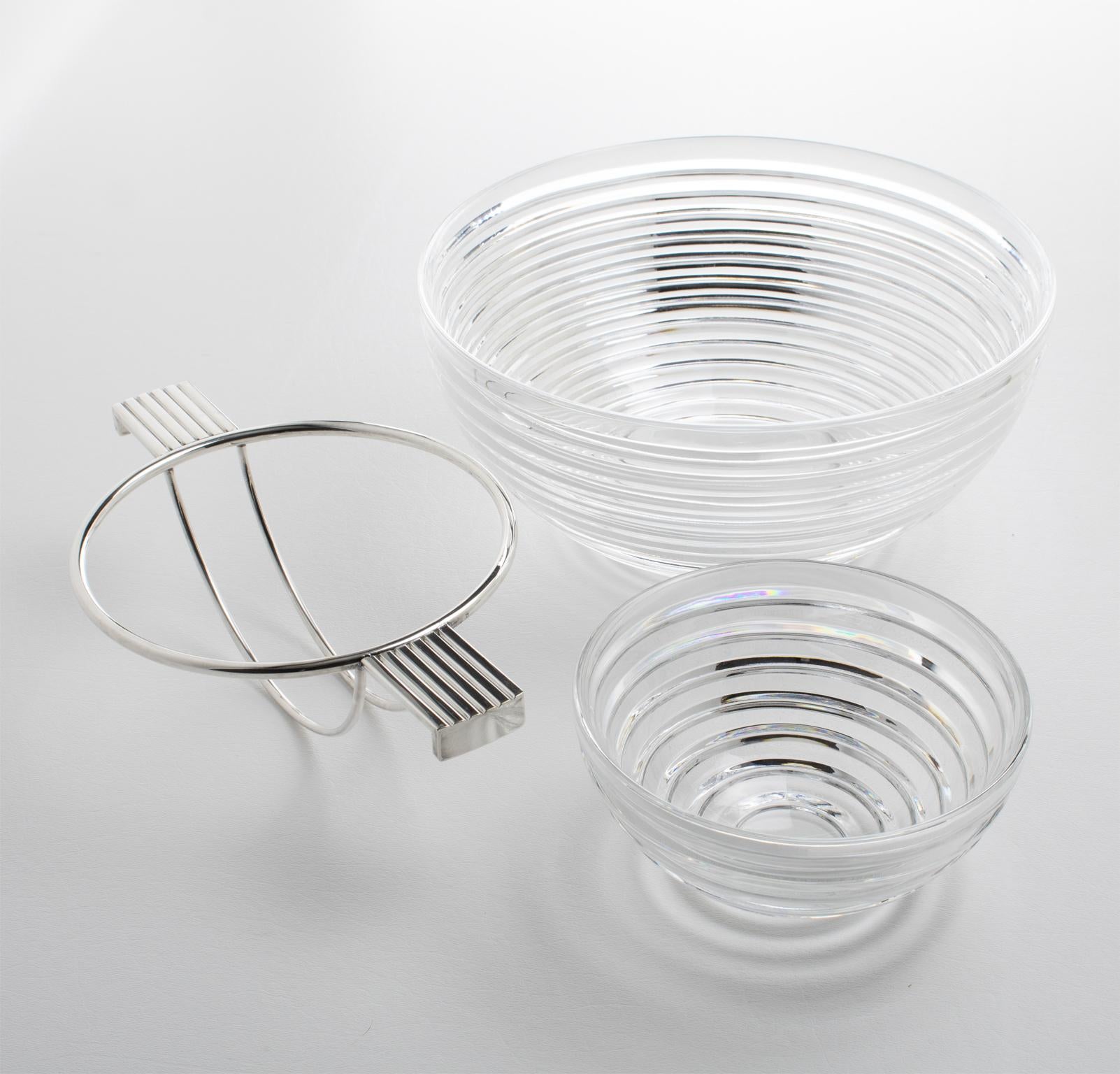 Italian Riedel Mesa Silver Plate and Crystal Caviar Dish Bowl Serving Chiller circa 1980