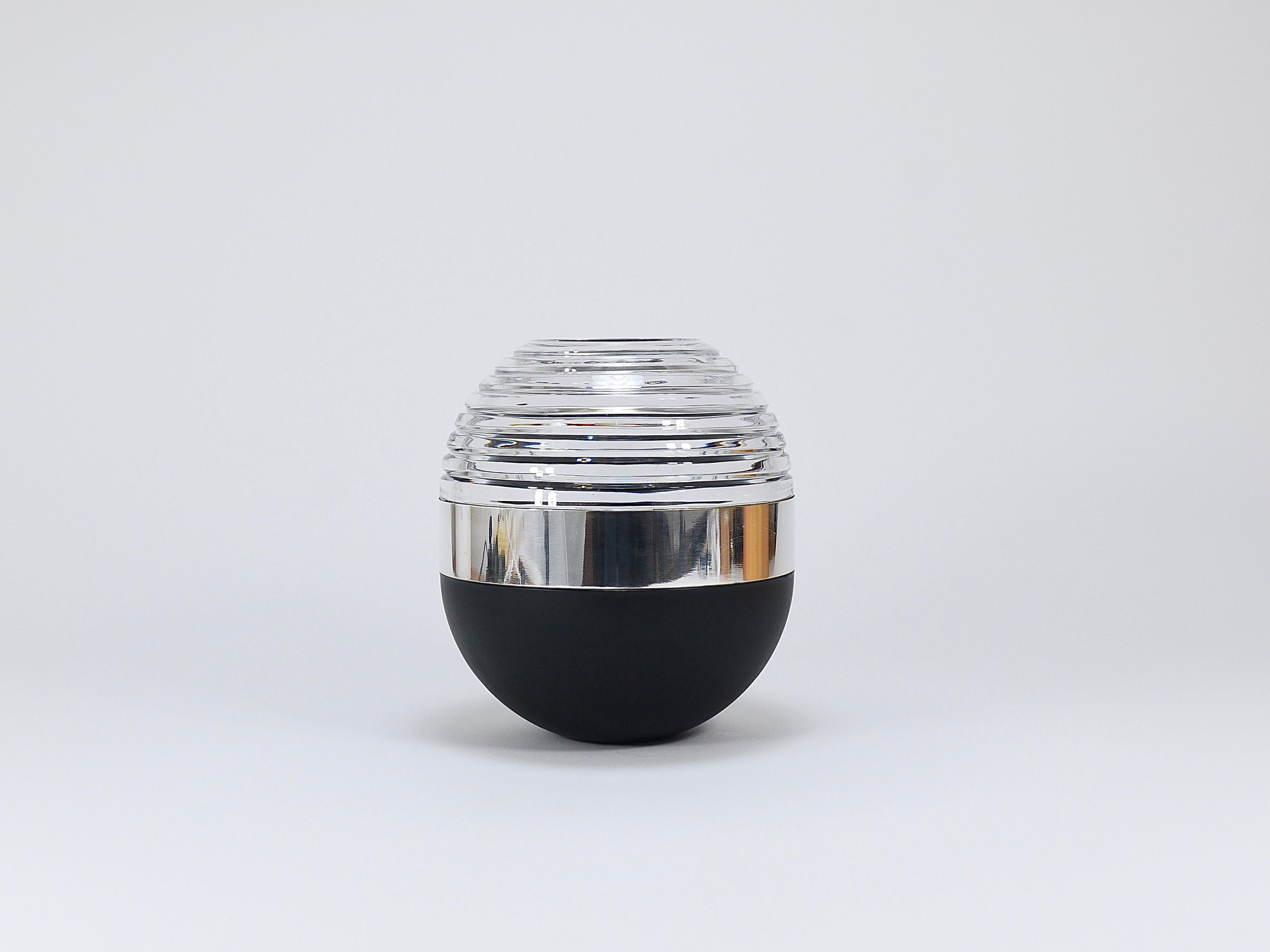 Mid-Century Modern Riedel x Mesa Design Ball Vase, Black Crystal Glass & Silver, Post-Modern Italy