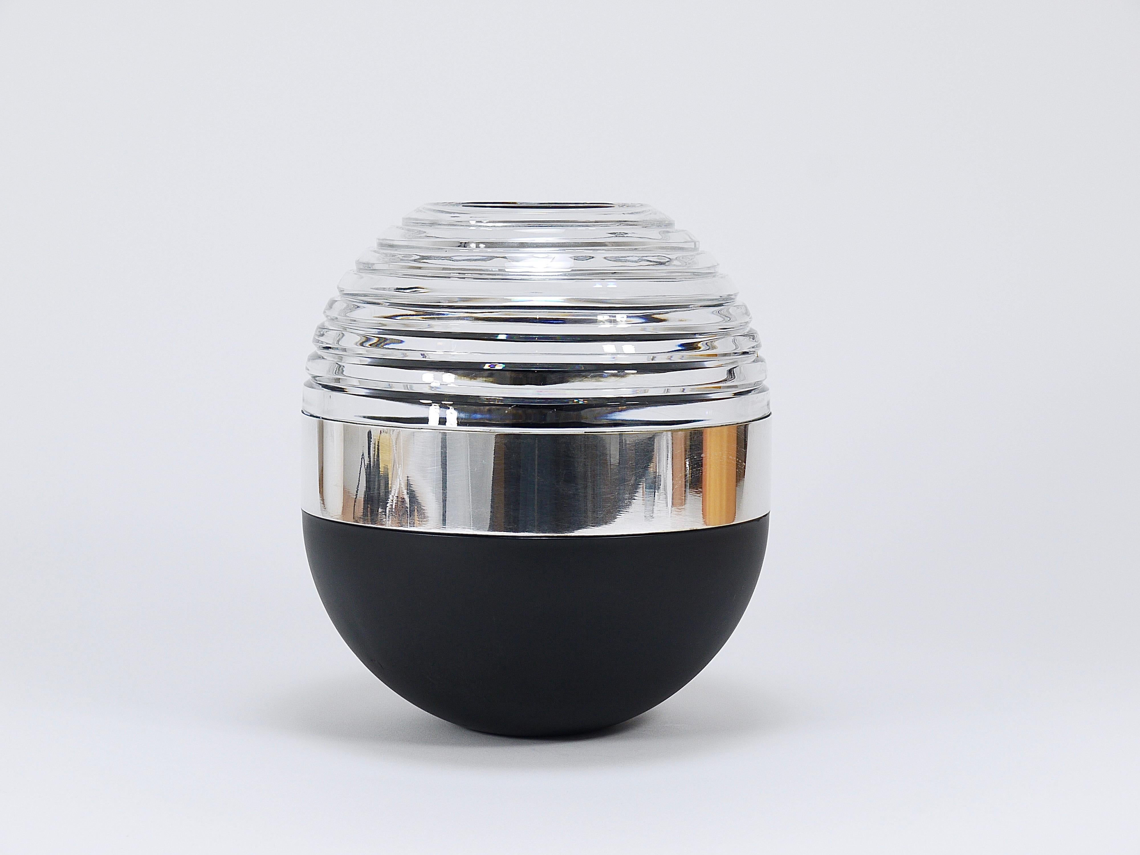 Silvered Riedel x Mesa Design Ball Vase, Black Crystal Glass & Silver, Post-Modern Italy