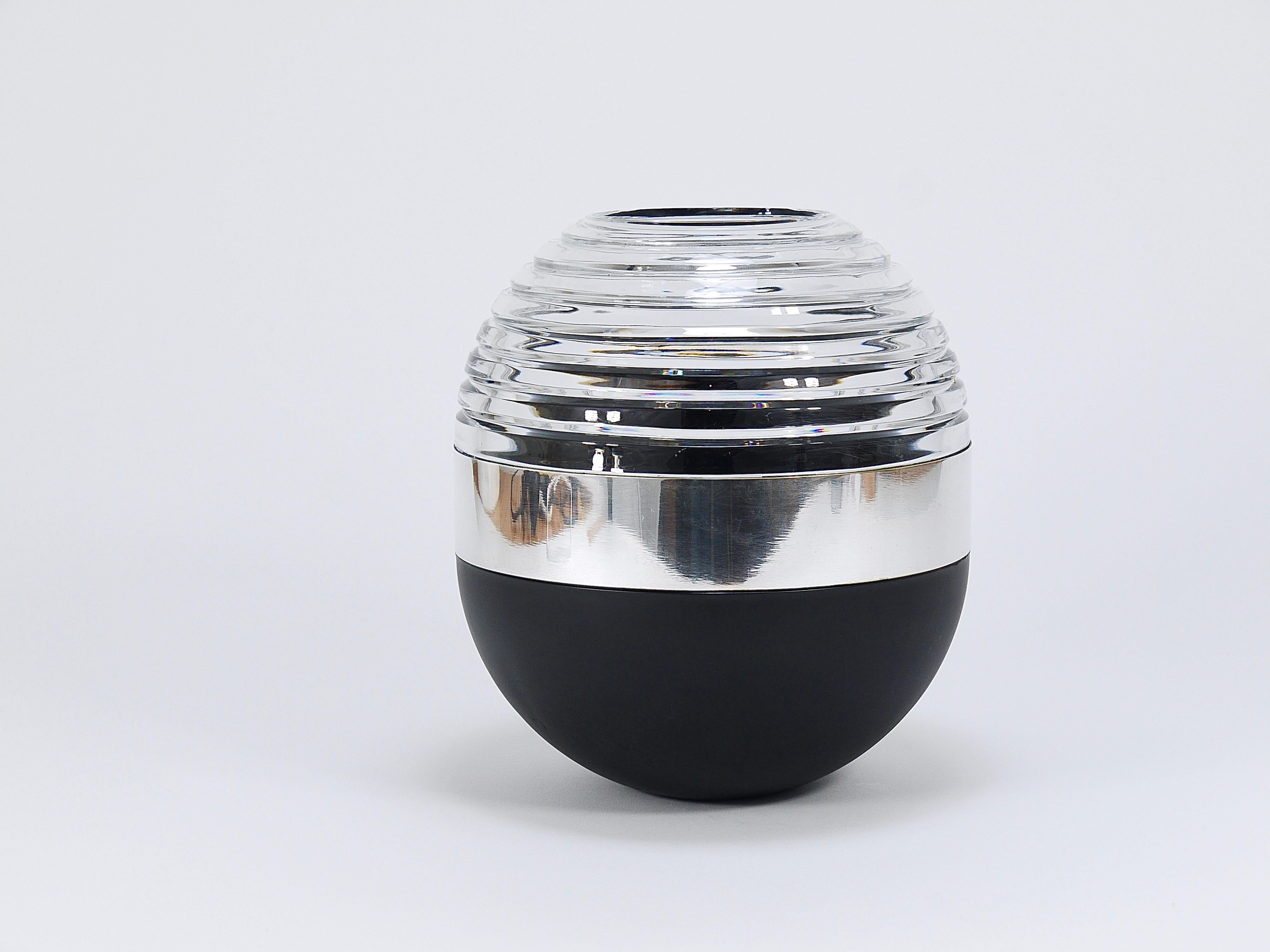 20th Century Riedel x Mesa Design Ball Vase, Black Crystal Glass & Silver, Post-Modern Italy