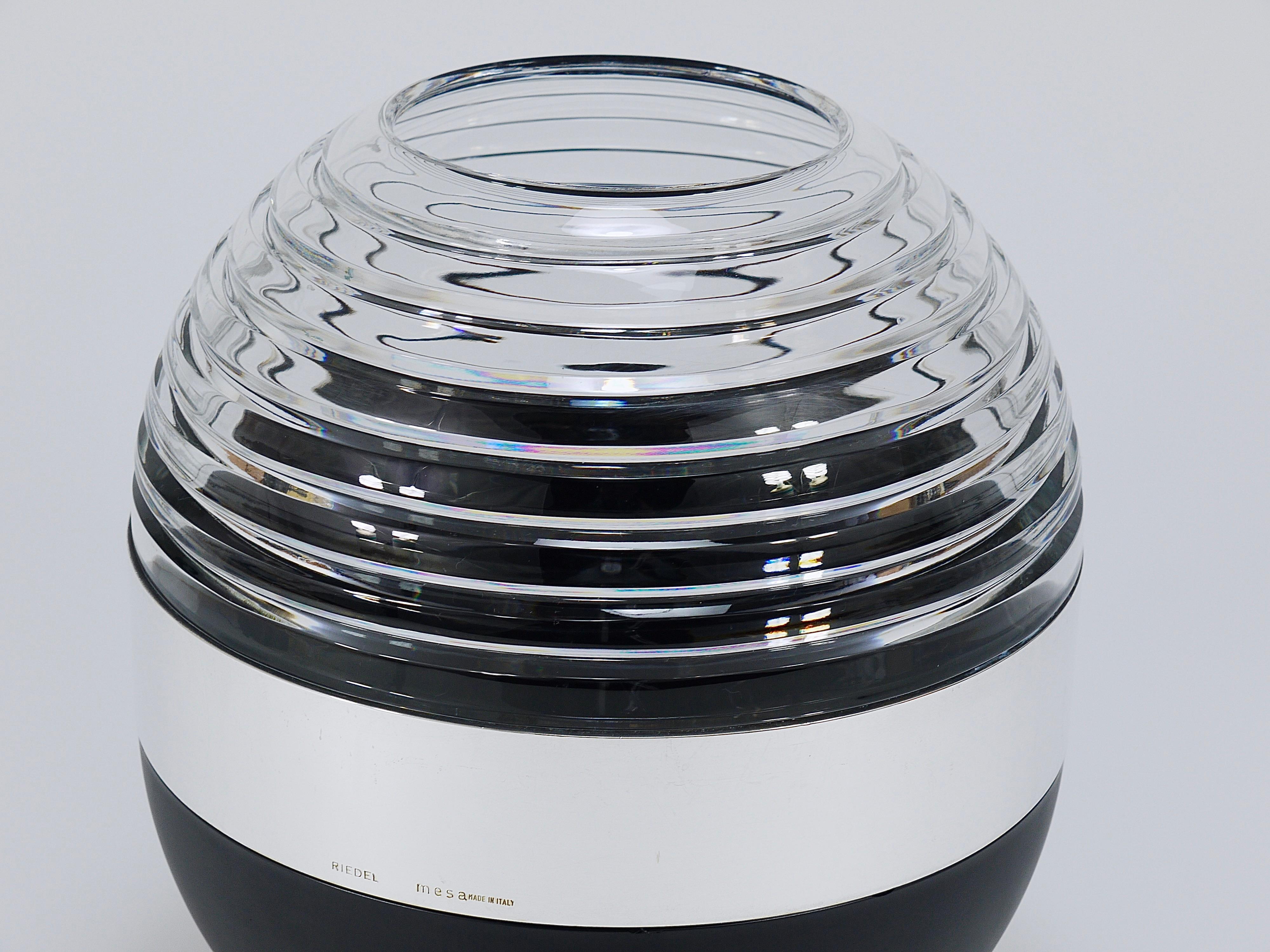 Riedel x Mesa Design Ball Vase, Black Crystal Glass & Silver, Post-Modern Italy 1