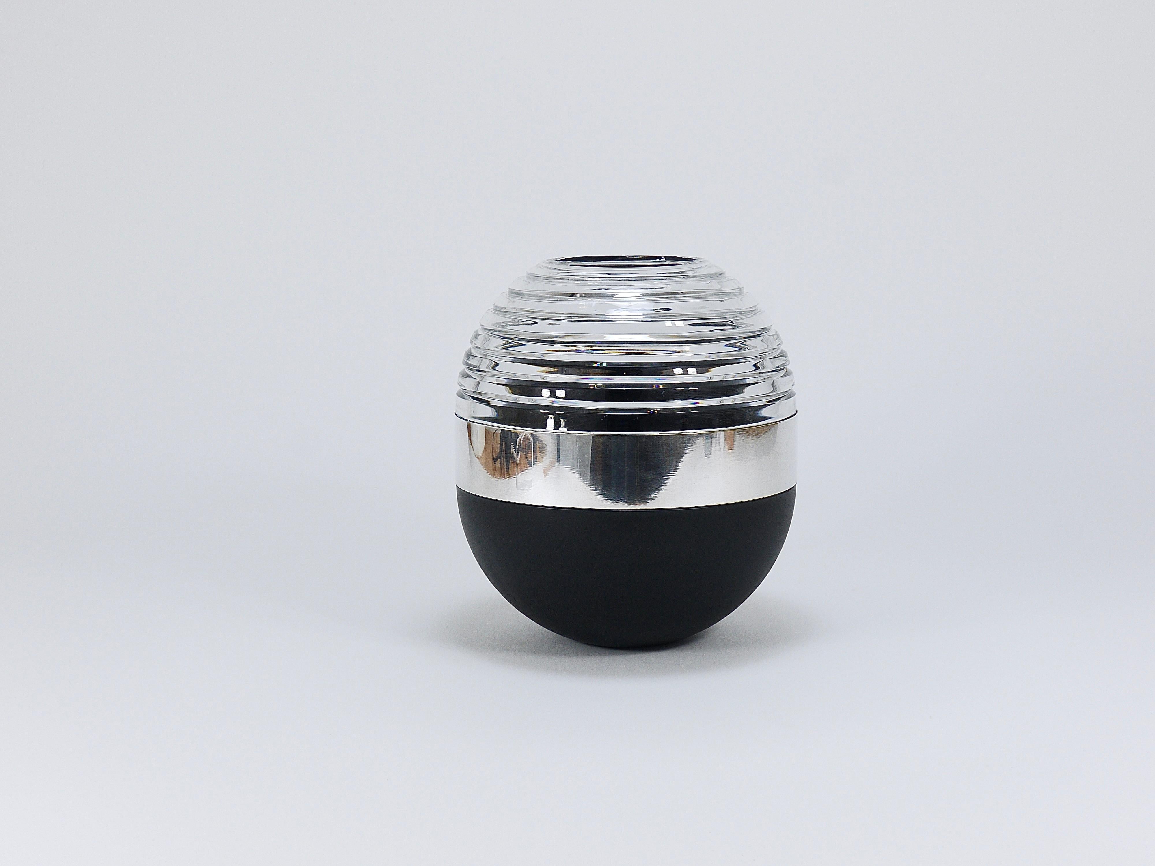 Riedel x Mesa Design Ball Vase, Black Crystal Glass & Silver, Post-Modern Italy 2