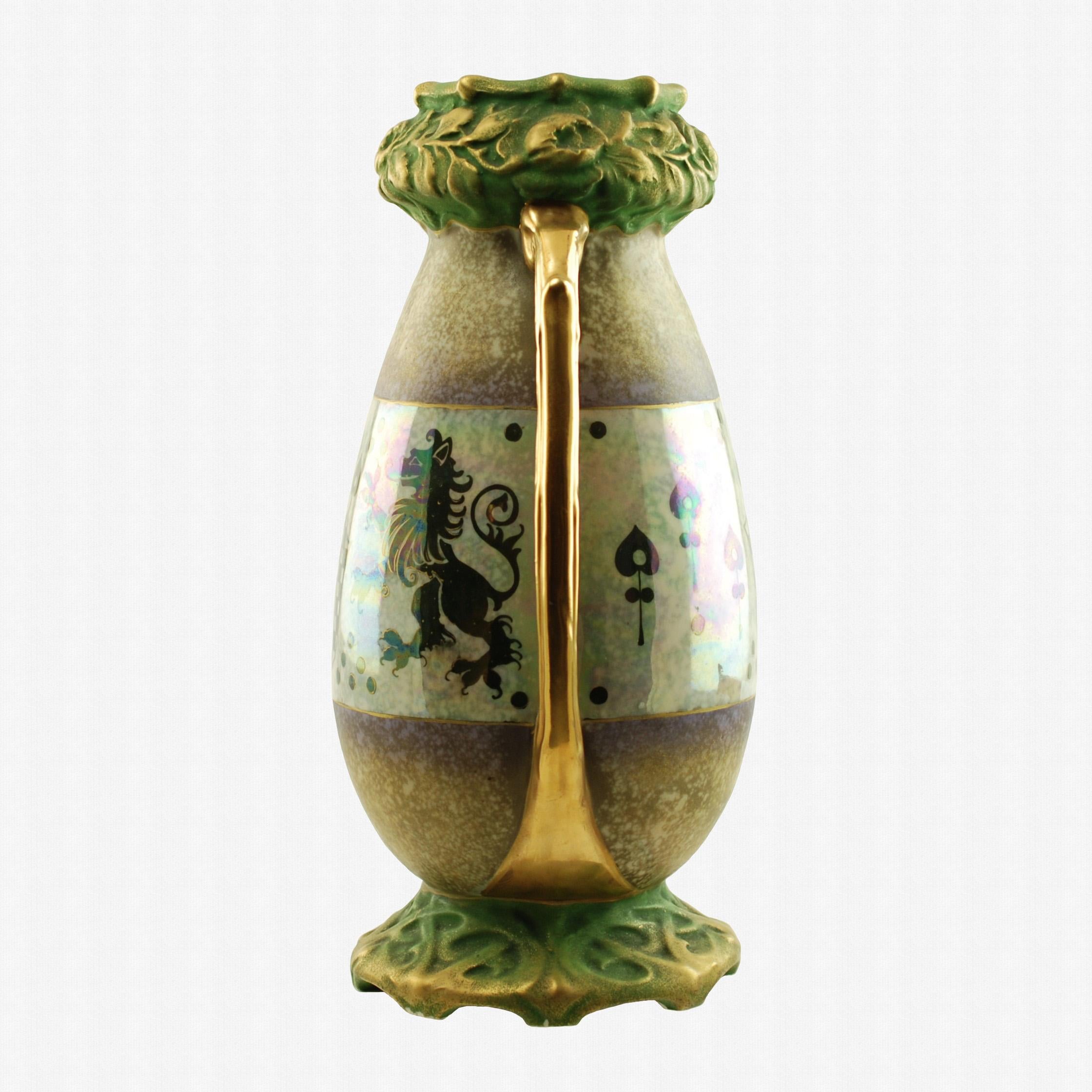 Austrian Riessner & Kessel Amphora Turn Teplitz Two-Handled Vase with Iridized Glaze For Sale