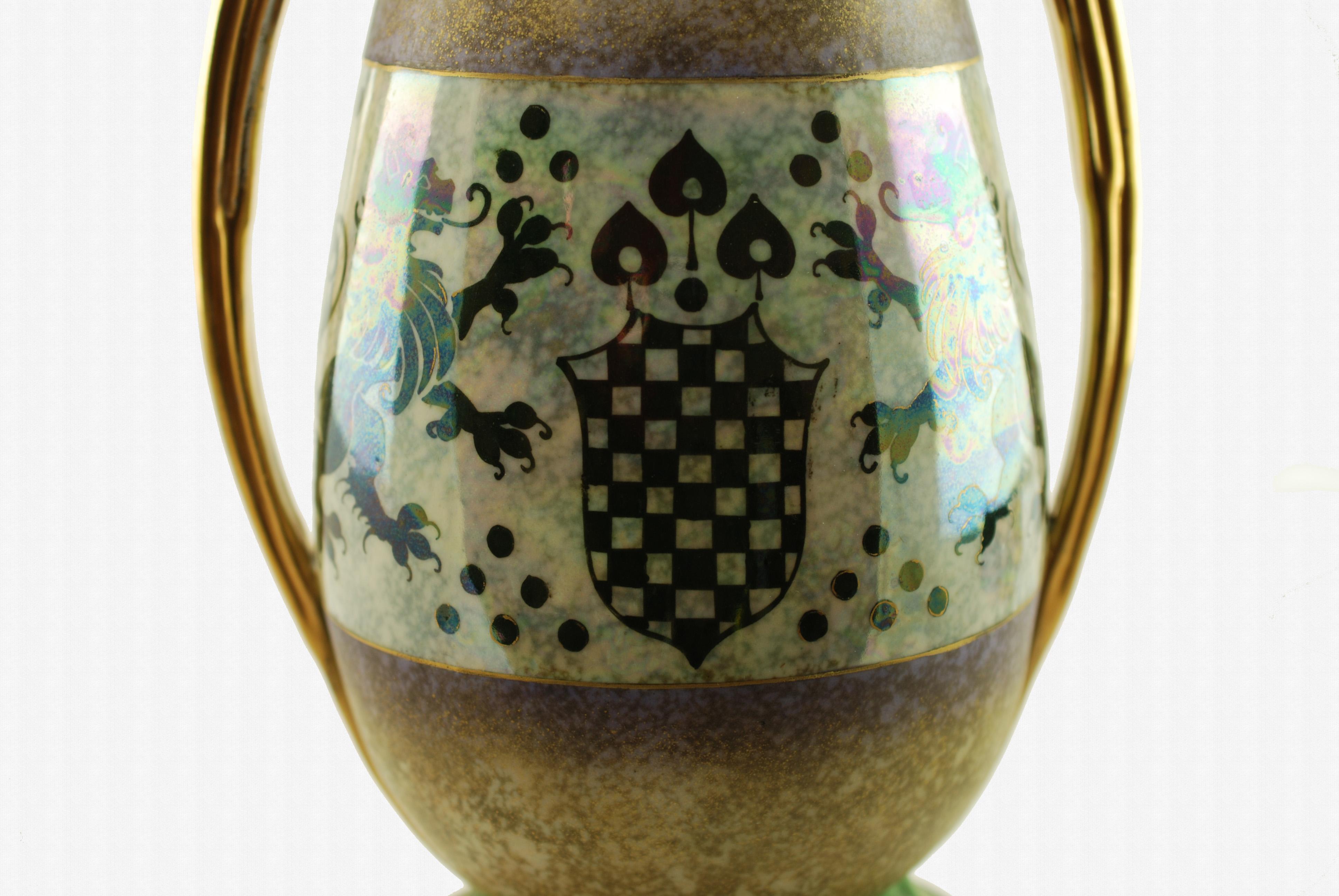 Glazed Riessner & Kessel Amphora Turn Teplitz Two-Handled Vase with Iridized Glaze For Sale