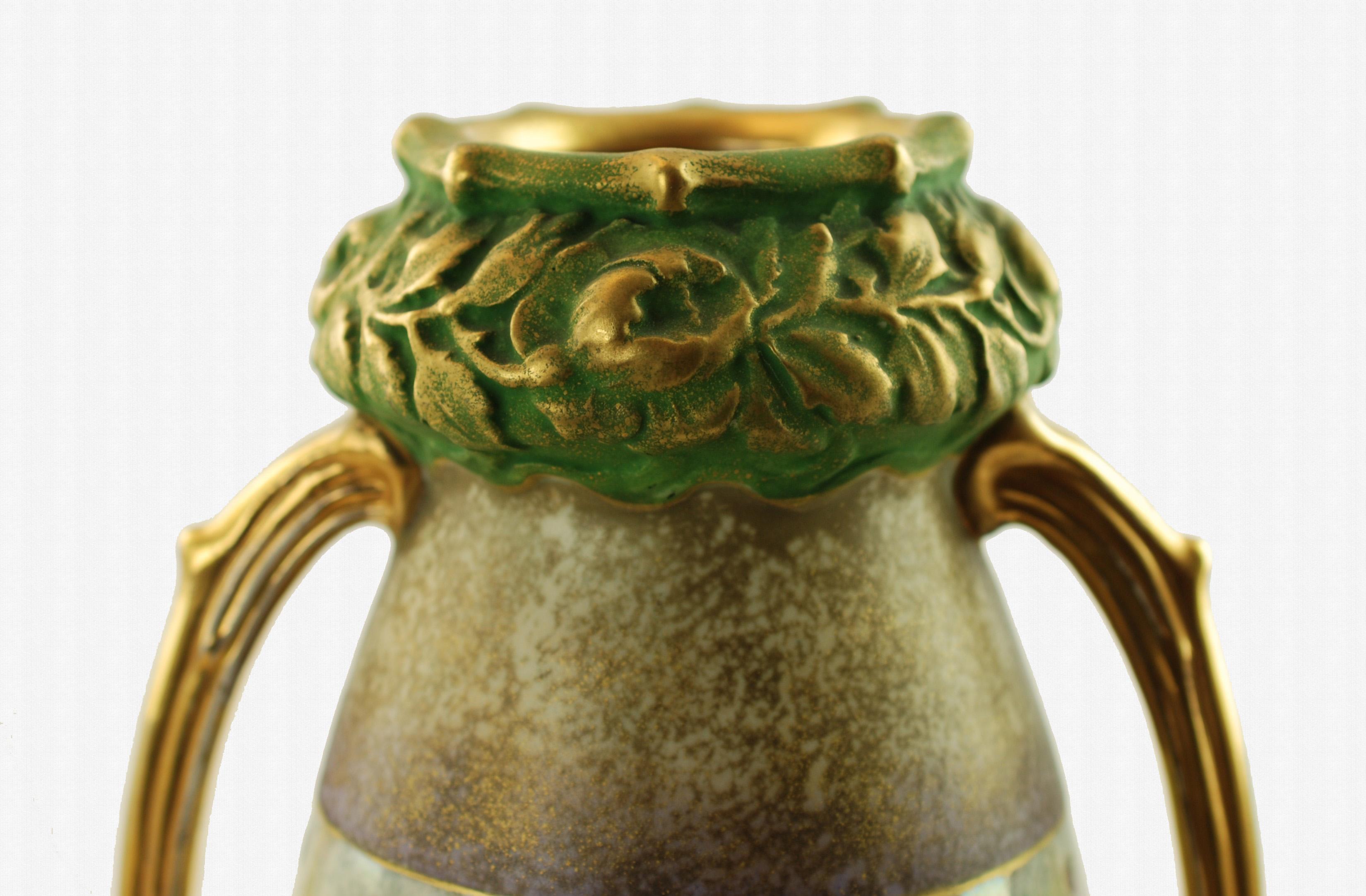 Porcelain Riessner & Kessel Amphora Turn Teplitz Two-Handled Vase with Iridized Glaze For Sale