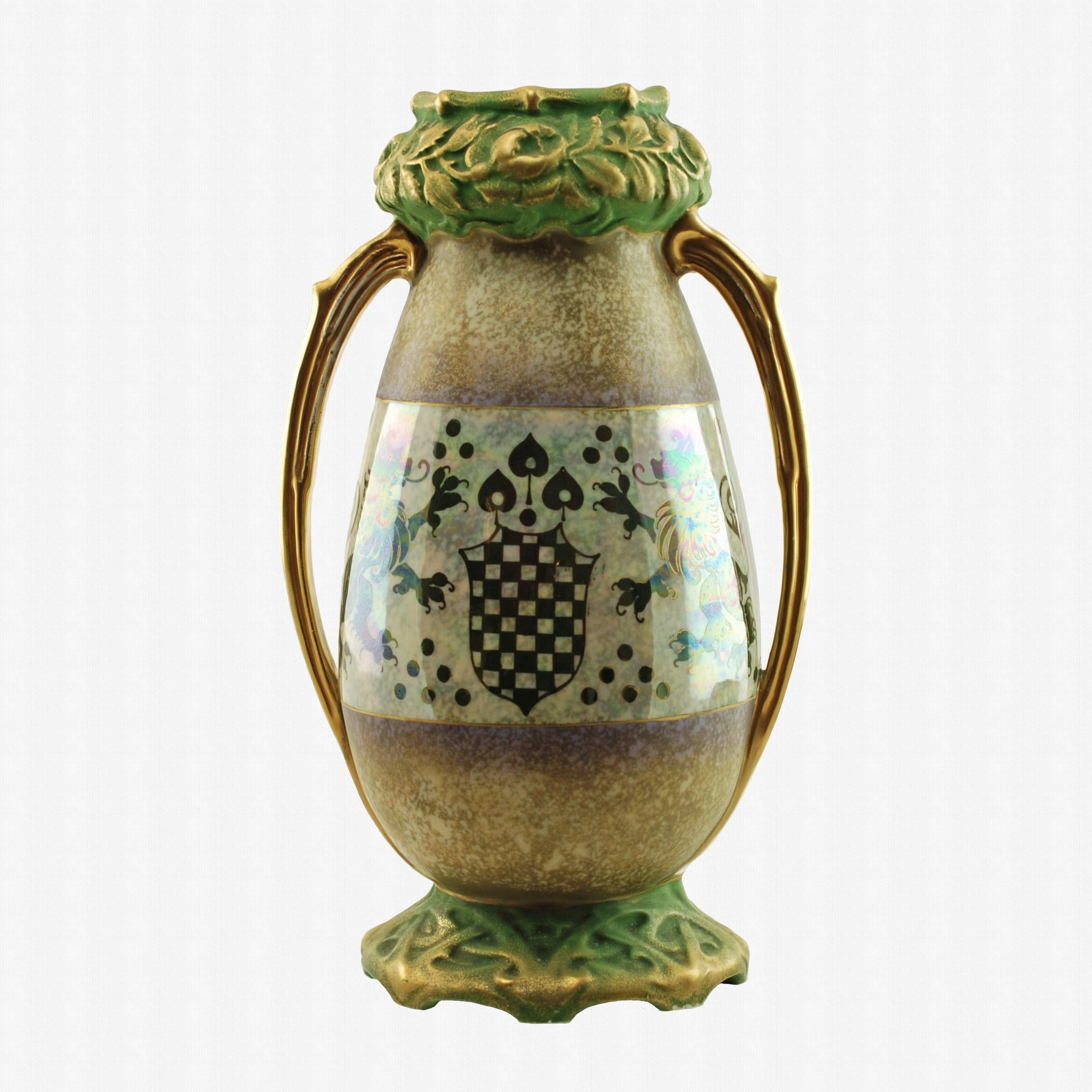 Riessner & Kessel Amphora Turn Teplitz Two-Handled Vase with Iridized Glaze