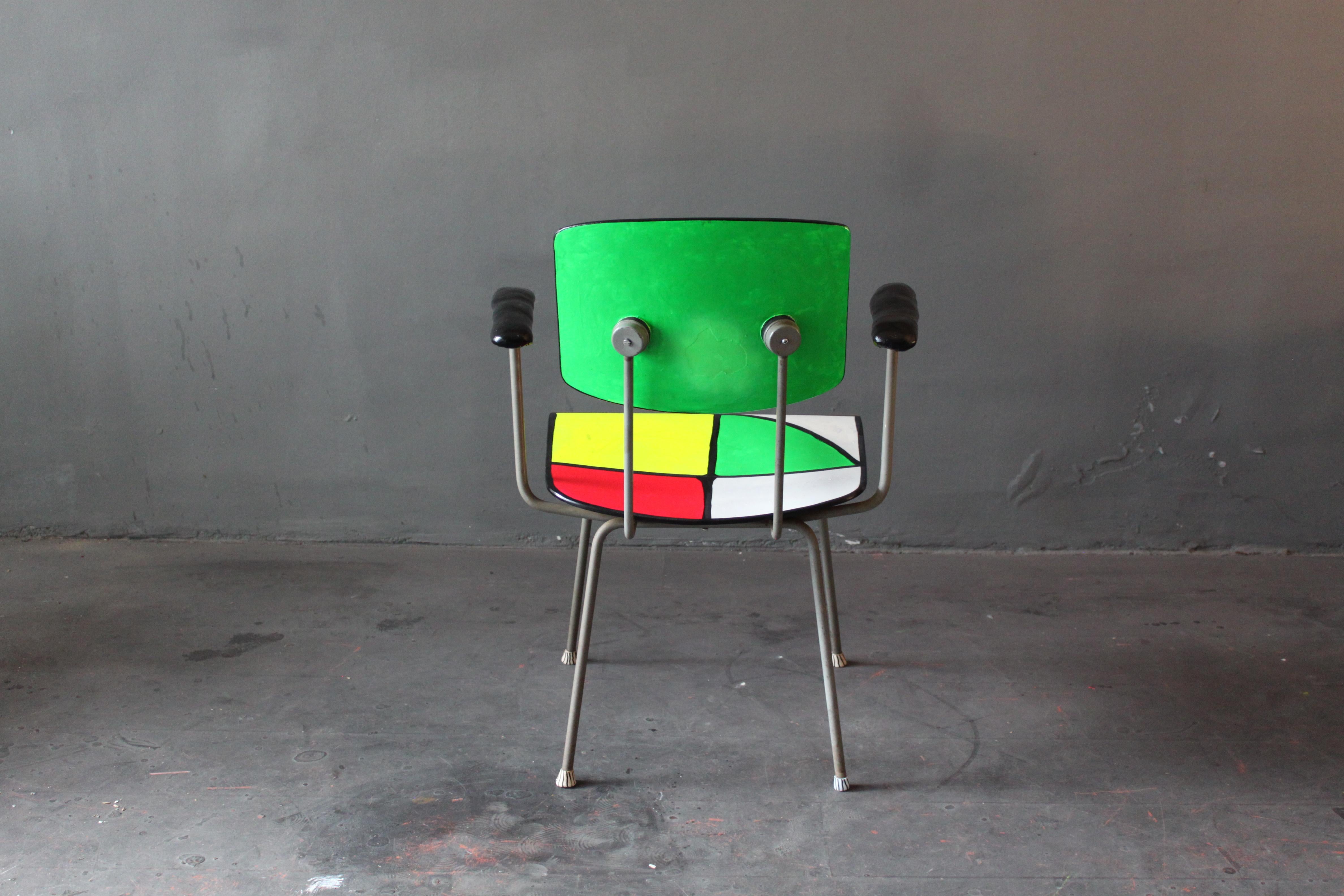Model 216 armchair by Wim Rietveld for Gispen 1953, contemporized. Re-shaped to avoid its Industrial fabrication and make it a Singleton, hand painted in blue, green, yellow and red neon colors, kneaded black armrests and finished with high gloss 2K