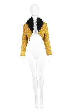 Rifat Ozbek Vintage Embroidered Shaggy Faux Fur Collar Bolero Jacket, 1990s