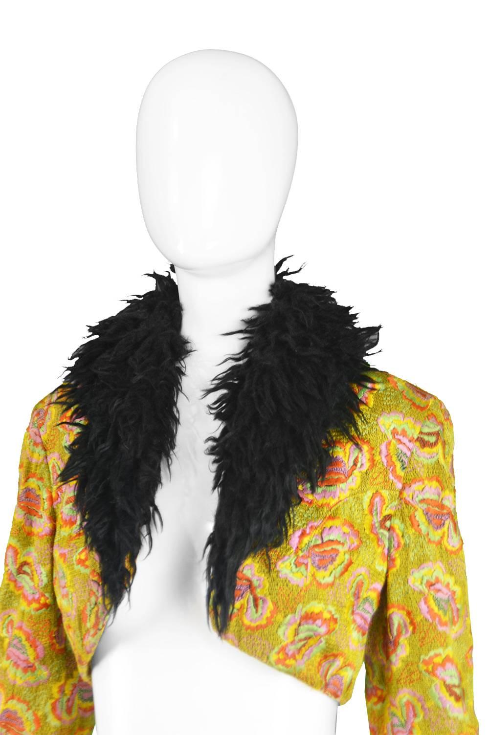 Brown Rifat Ozbek Vintage Embroidered Shaggy Faux Fur Collar Bolero Jacket, 1990s 