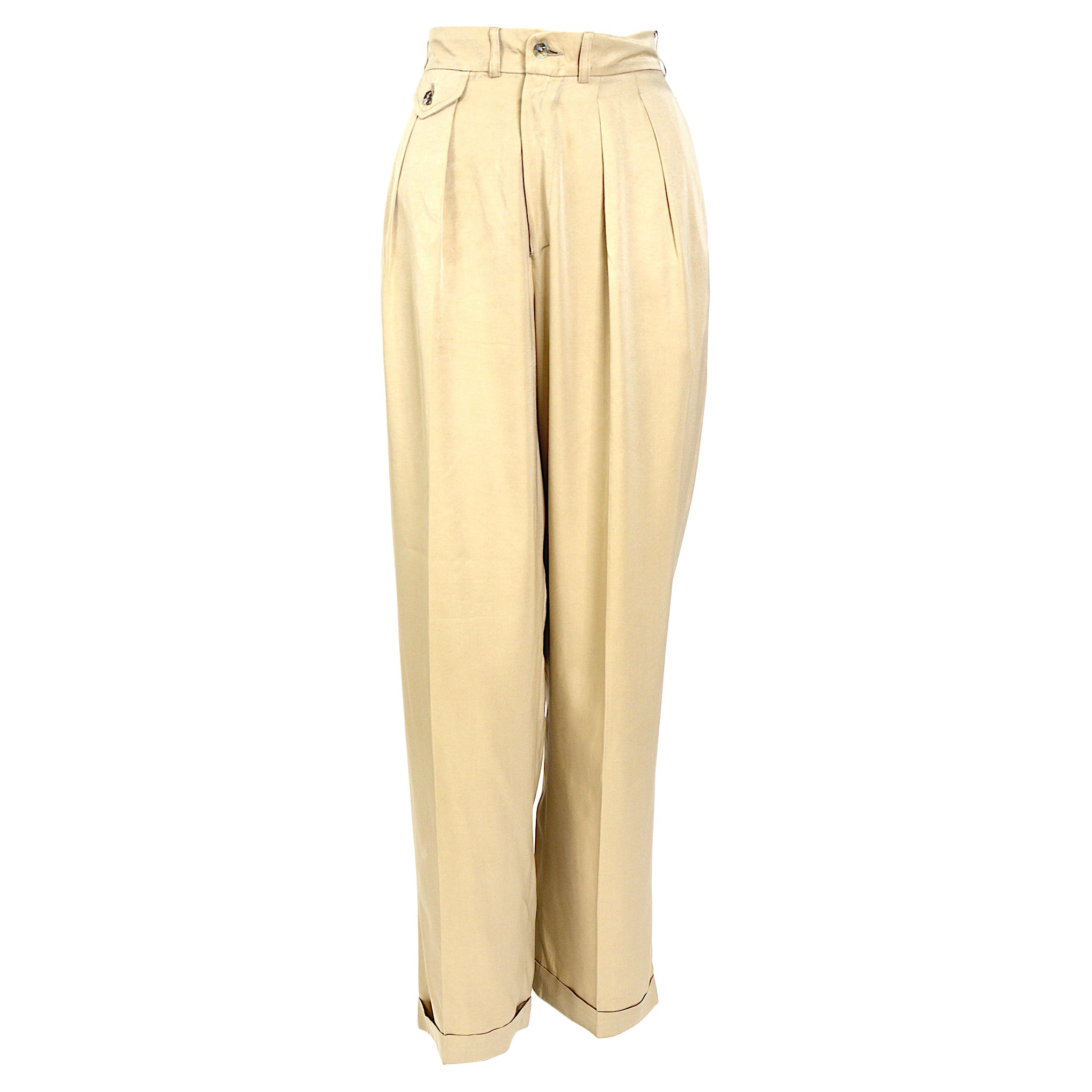 Rifat Ozbek vintage años 90 elegante pantalón con pliegues delanteros en mezcla de seda en venta
