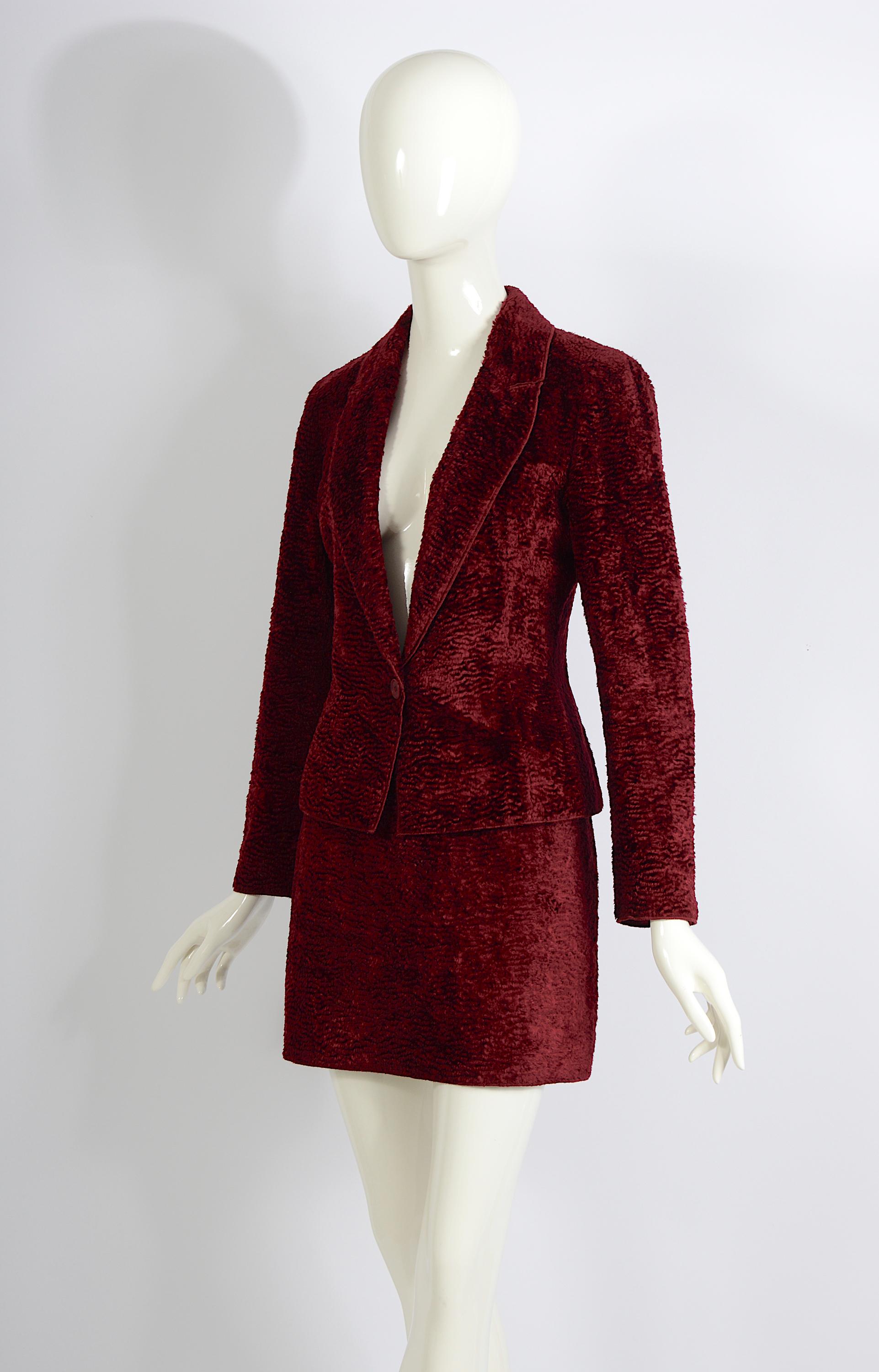 Rifat Ozbek vintage 90s burgundy cotton astrakhan jacket & mini skirt suit For Sale 5
