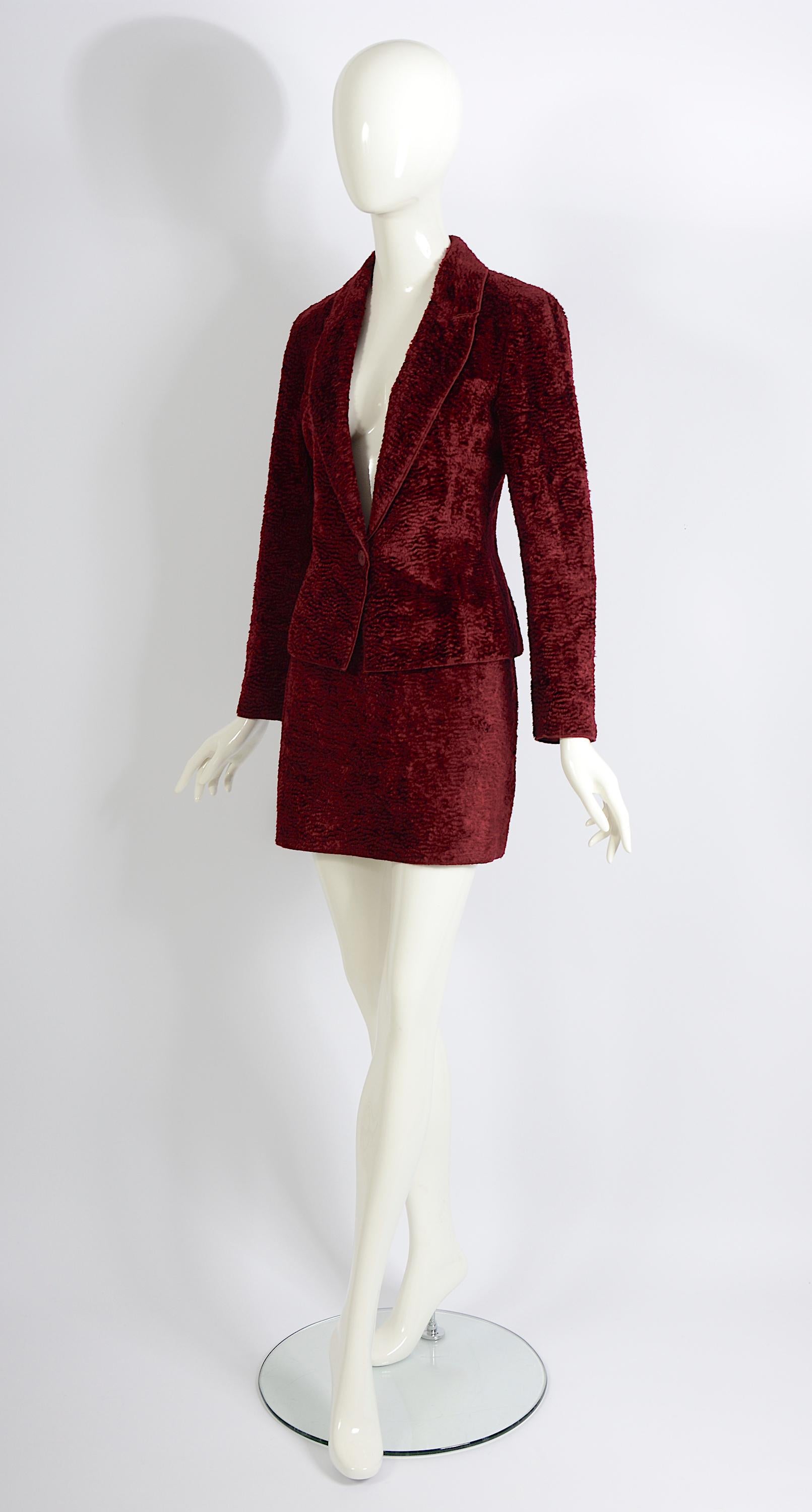 Rifat Ozbek vintage 90s burgundy cotton astrakhan jacket & mini skirt suit For Sale 6