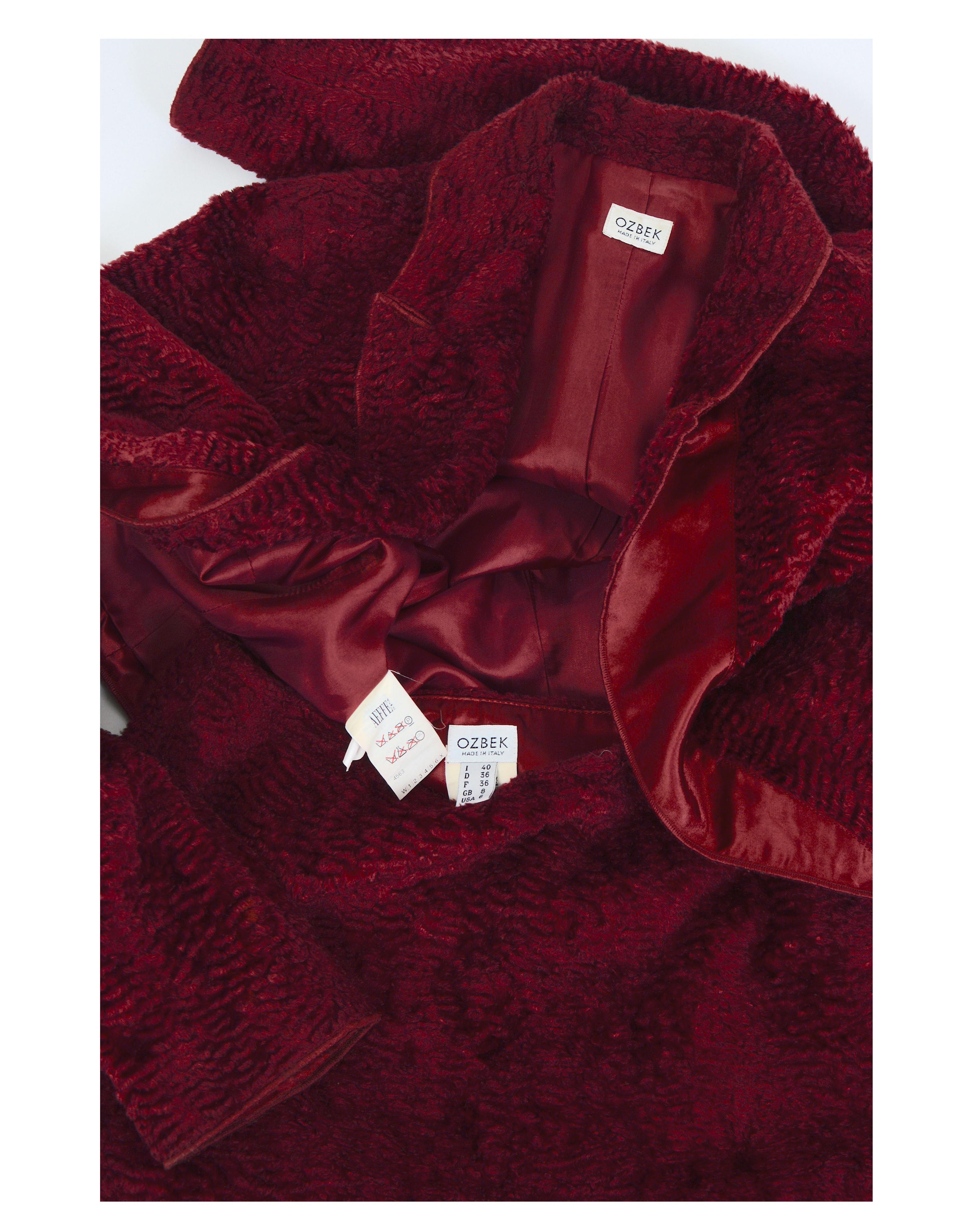 Rifat Ozbek vintage 90s burgundy cotton astrakhan jacket & mini skirt suit For Sale 8