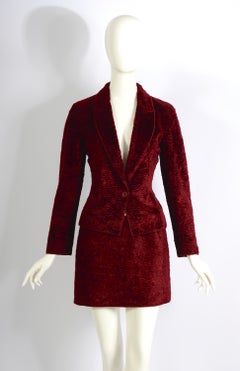 Rifat Ozbek vintage 90s burgundy cotton astrakhan jacket & mini skirt suit