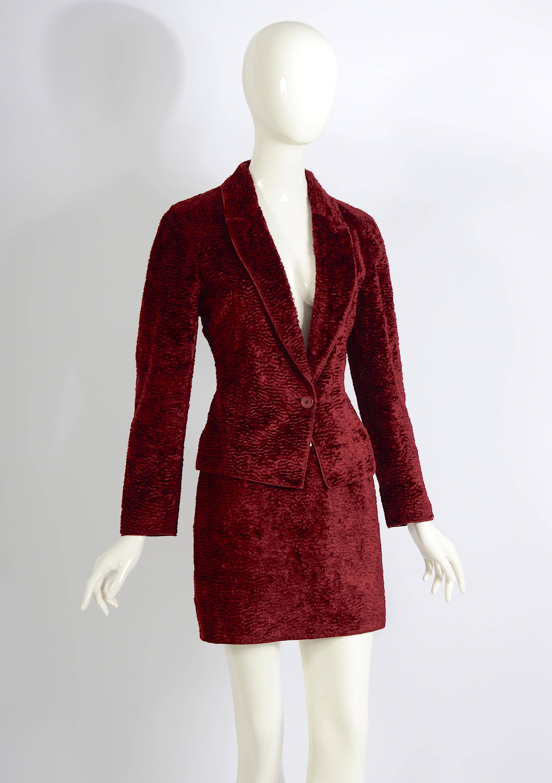 Black Rifat Ozbek vintage 90s burgundy cotton astrakhan jacket & mini skirt suit For Sale