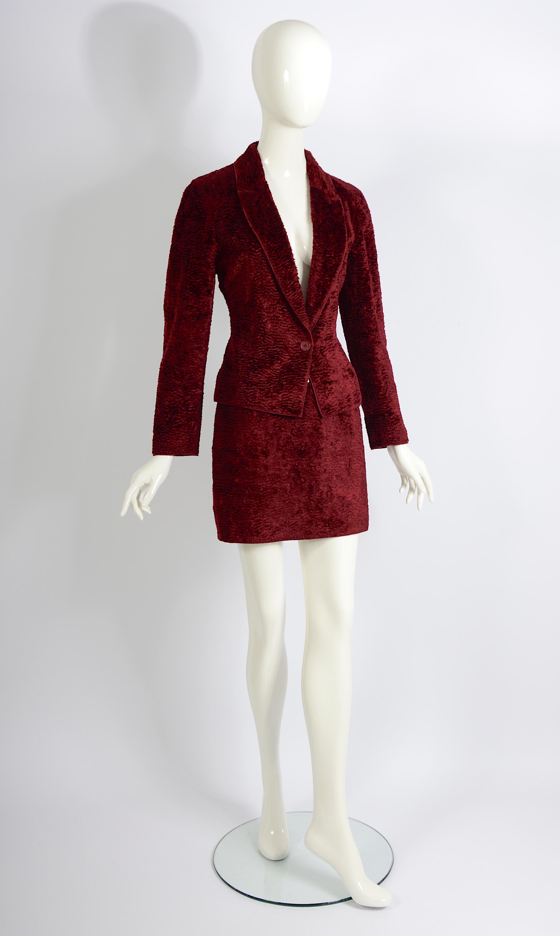 Rifat Ozbek vintage 90s burgundy cotton astrakhan jacket & mini skirt suit In Excellent Condition For Sale In Antwerpen, Vlaams Gewest