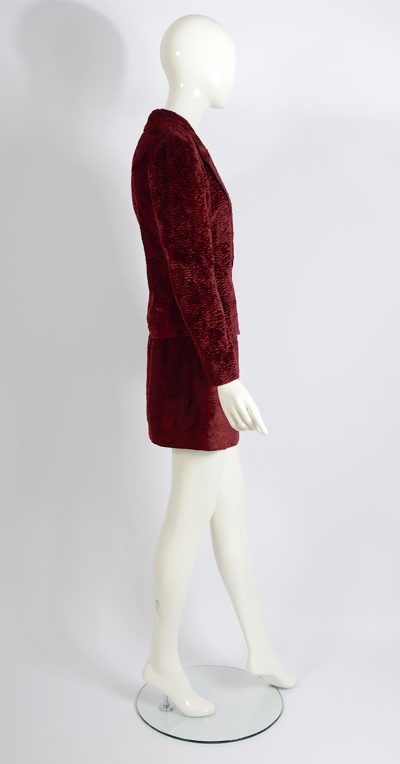 Women's or Men's Rifat Ozbek vintage 90s burgundy cotton astrakhan jacket & mini skirt suit For Sale