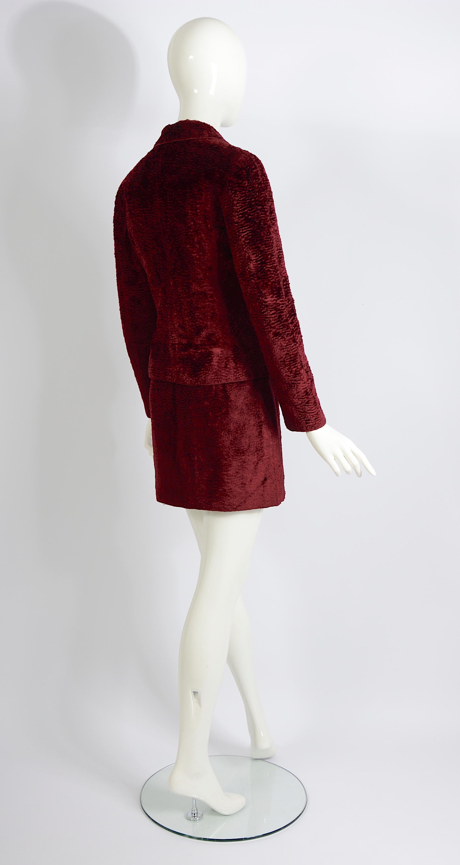 Rifat Ozbek vintage 90s burgundy cotton astrakhan jacket & mini skirt suit For Sale 1