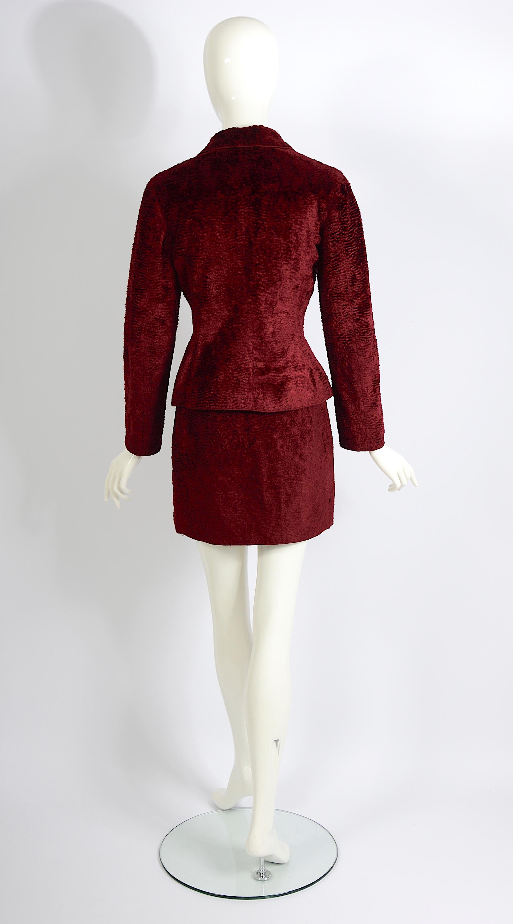 Rifat Ozbek vintage 90s burgundy cotton astrakhan jacket & mini skirt suit For Sale 2