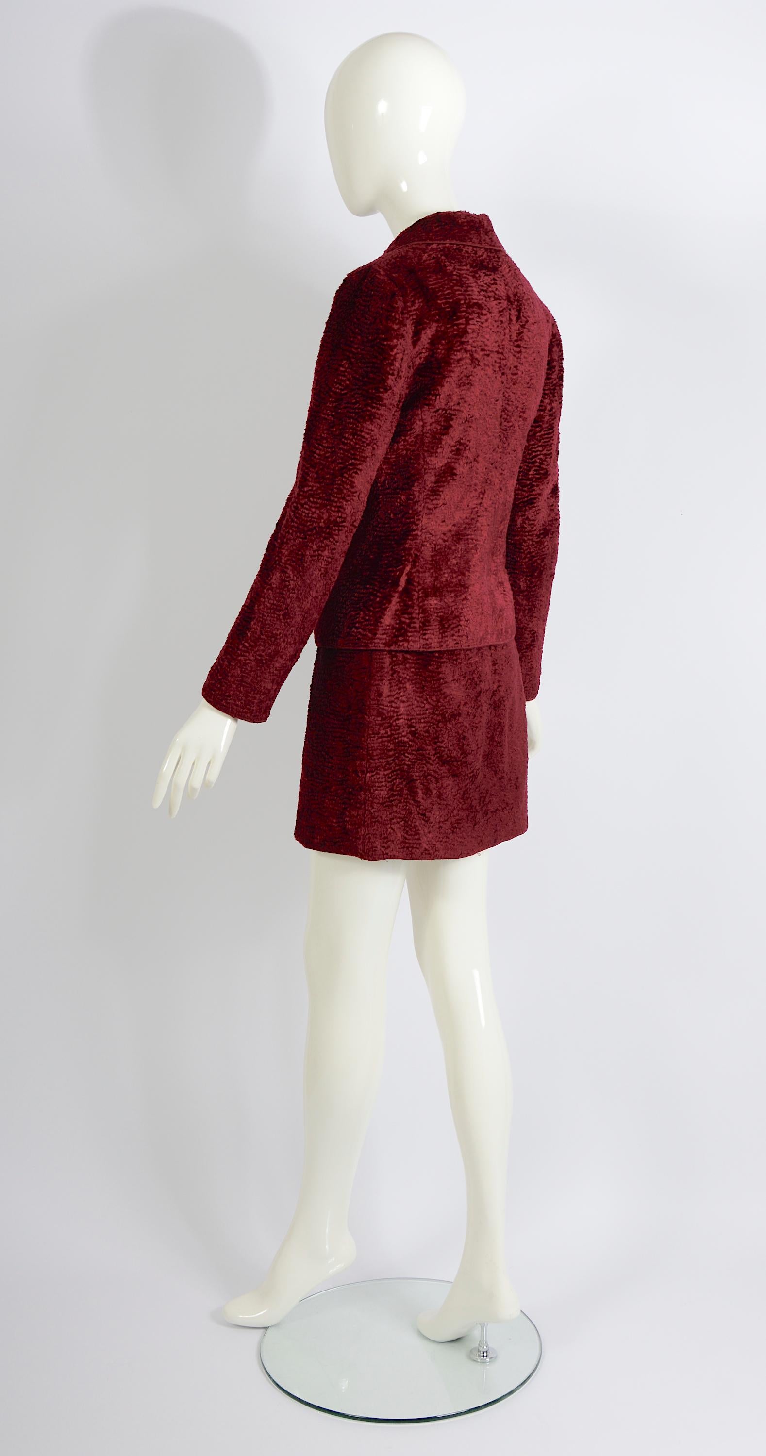 Rifat Ozbek vintage 90s burgundy cotton astrakhan jacket & mini skirt suit For Sale 3