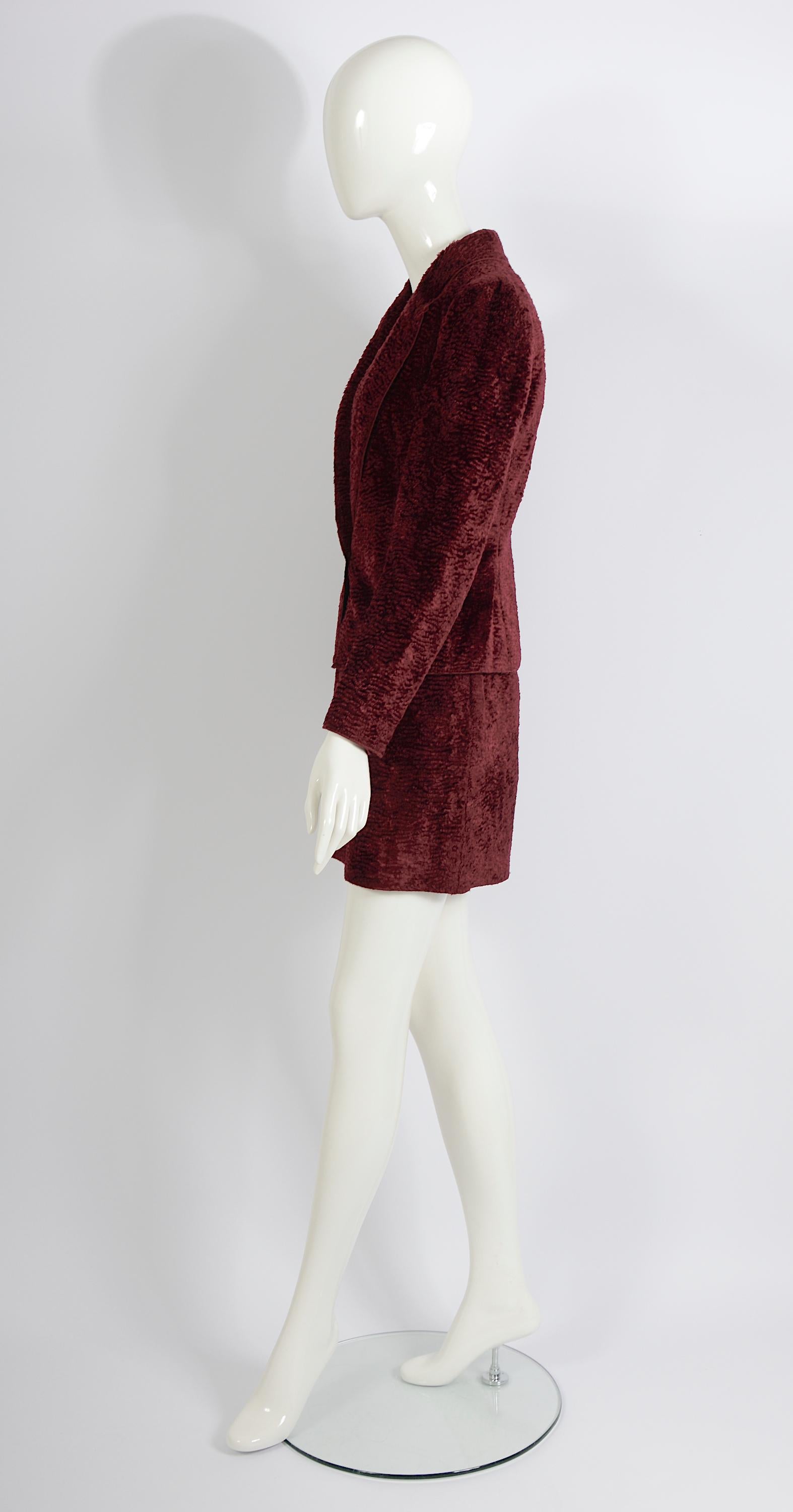 Rifat Ozbek vintage 90s burgundy cotton astrakhan jacket & mini skirt suit For Sale 4