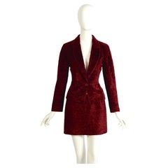 Rifat Ozbek Vintage 90s burgundy cotton astrakhan jacket & mini skirt suit