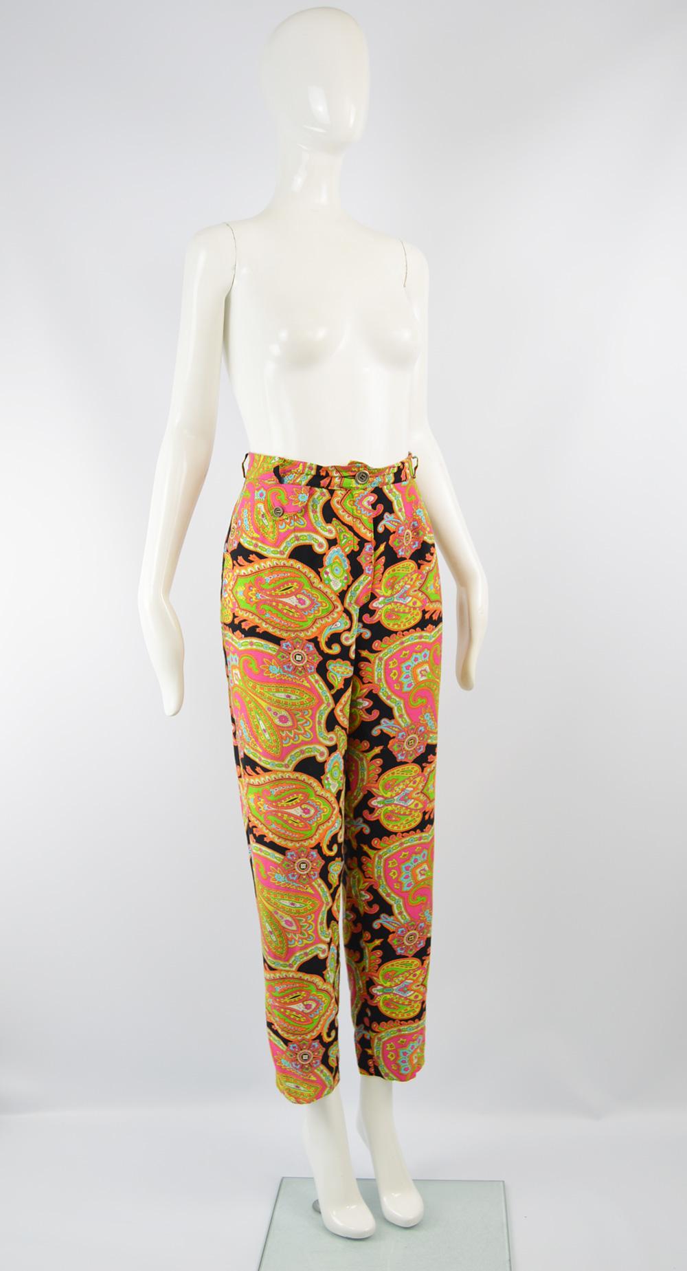 Brown Rifat Ozbek Vintage Black Rayon & Rainbow Paisley Patterned Rayon Pants, 1990s 