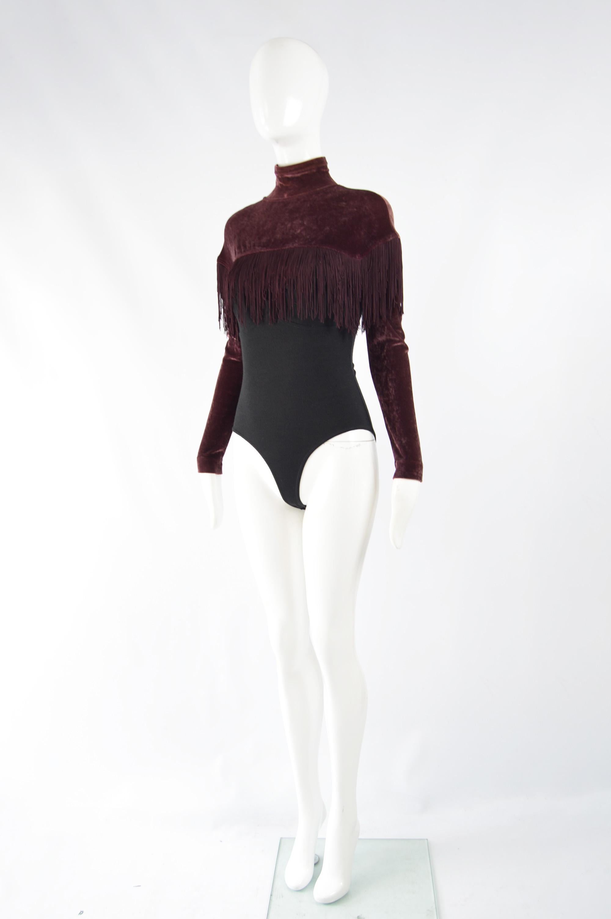 Rifat Ozbek Vintage Velvet Fringed Bodysuit In Excellent Condition For Sale In Doncaster, South Yorkshire