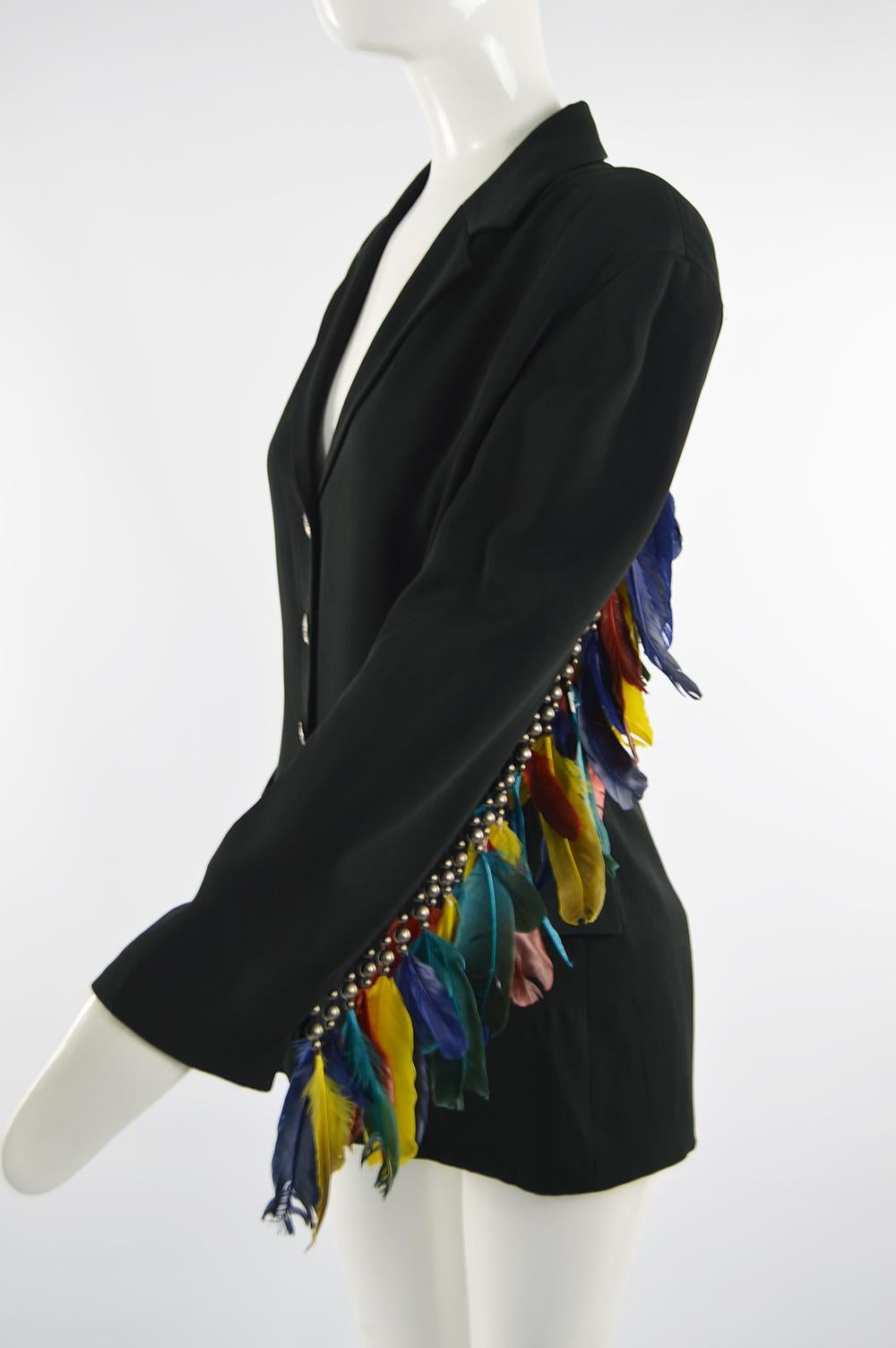Black Rifat Ozbek Vintage Women's Feather Adorned Party Blazer Jacket, 1980s