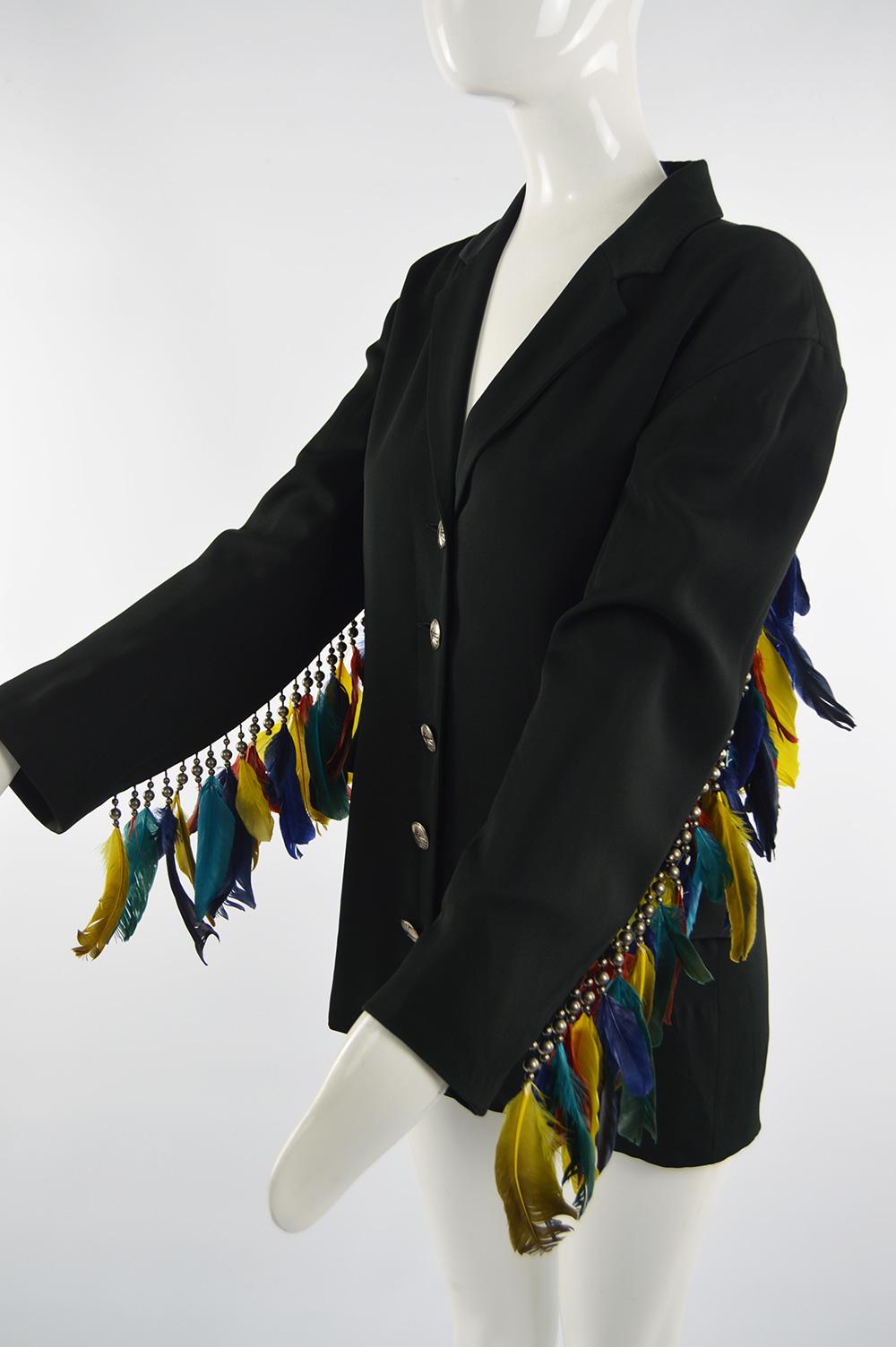 Rifat Ozbek Vintage Women's Feather Adorned Party Blazer Jacket, 1980s 1