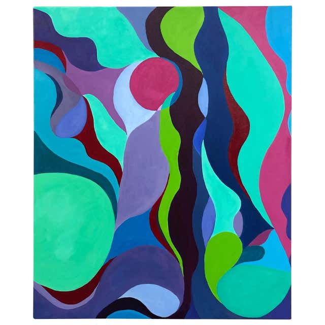 Striking Large Rectangular Abstract Painting in Blues and Greens For ...