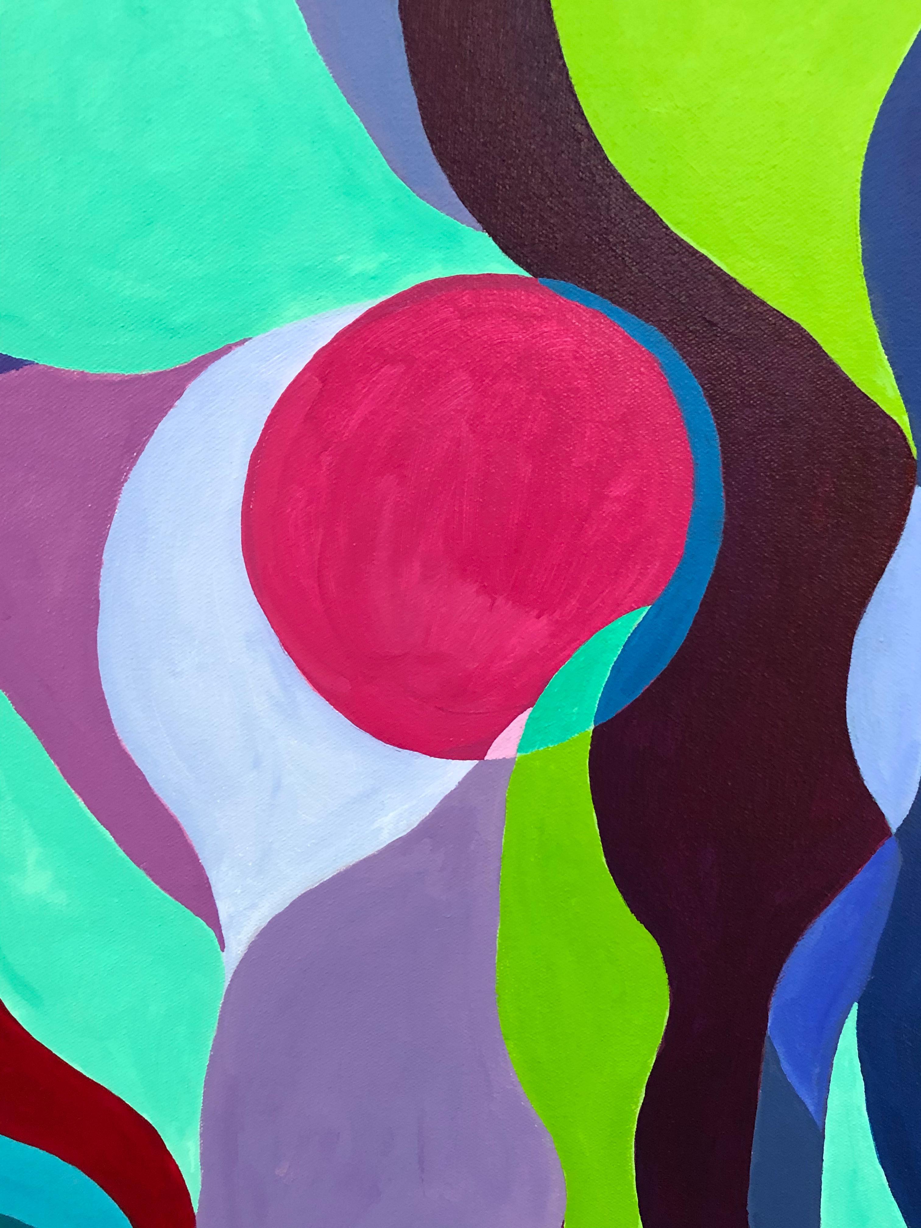 Un dipinto astratto di grande impatto che enfatizza una composizione sensuale e imprevedibile di form A con una deliziosa tavolozza di fuschia, turchese, verde acido, blu e viola. Di Fay Sciarra, noto artista contemporaneo di Princeton.
