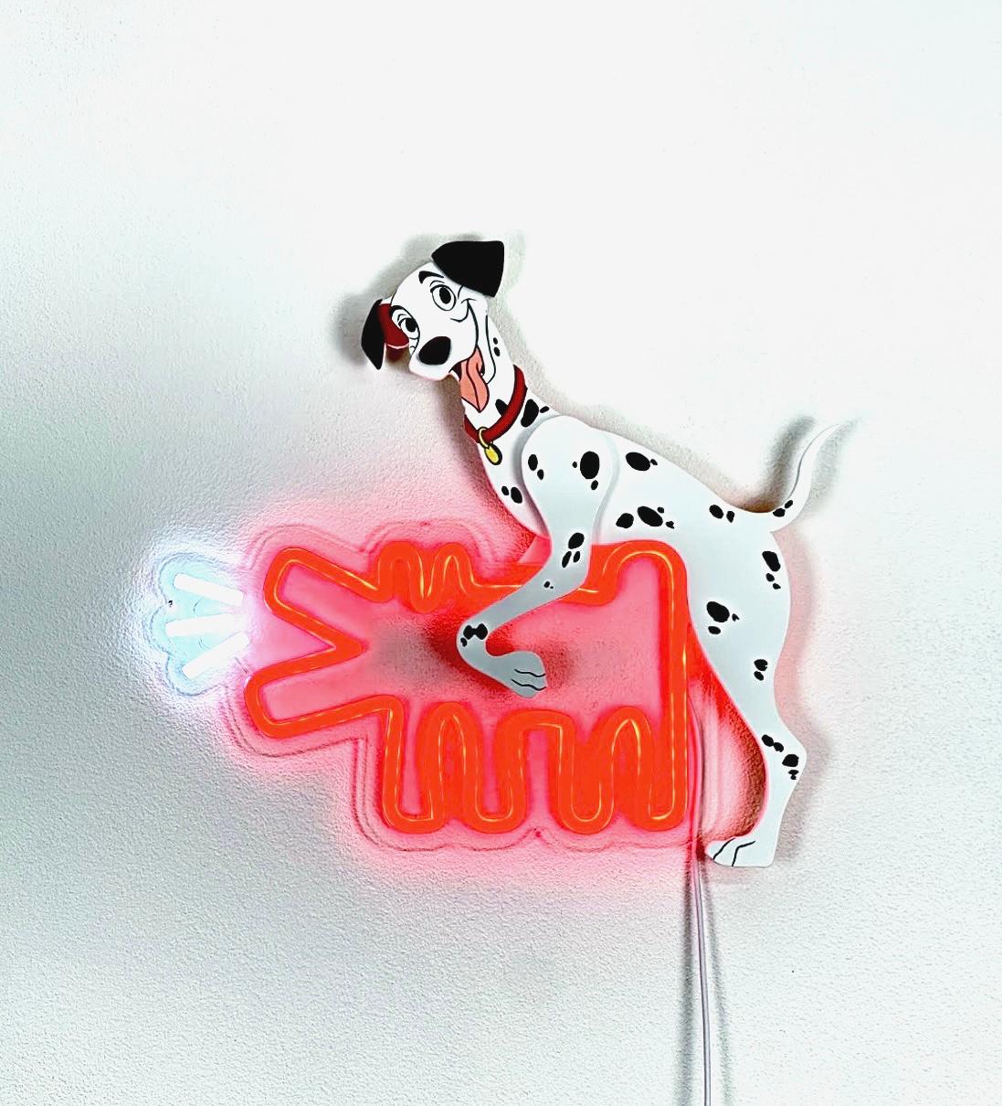 RiffBlast Neon Sculpture of Haring Disney Dog, Hand Painted, LED, Signed, 12x14 - Mixed Media Art by Riffblast 