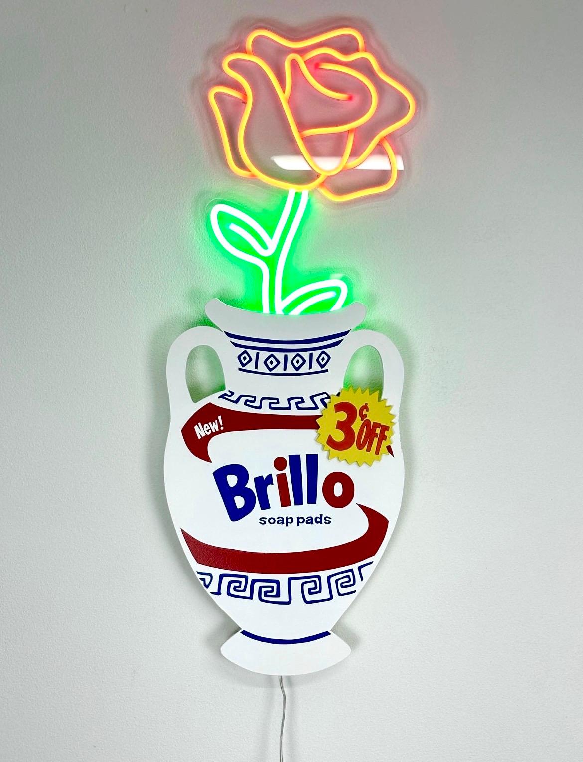RiffBlast Pop Art Neon Sculpture Brillo, Signed, Warhol LED Red - Mixed Media Art by Riffblast 