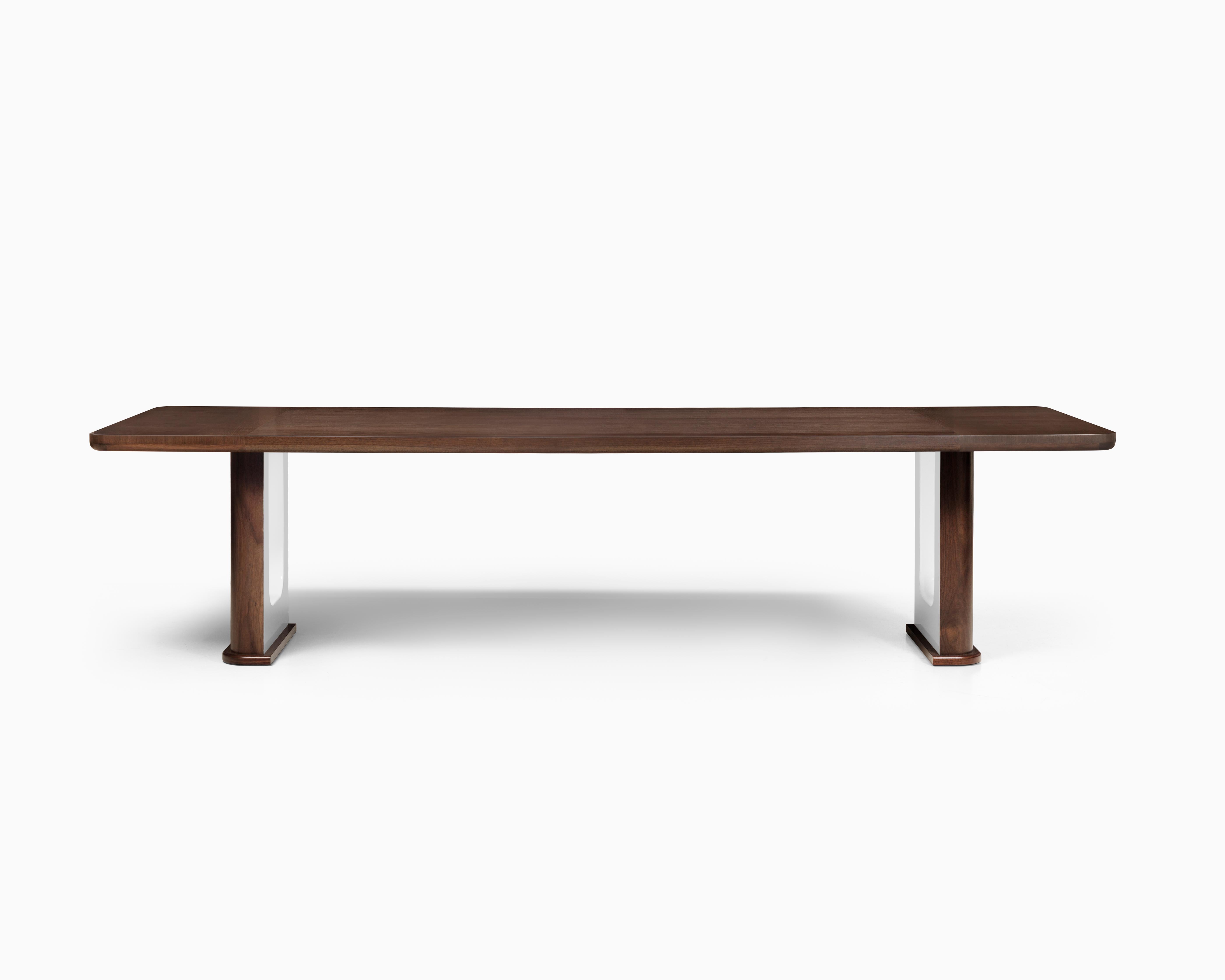 Multi-layer lacquered base detail highlights the hand-applied walnut finish on the Rift Dining Table. Create your signature look by combining standard lacquer and wood finishes. Choose from Dove, Midnight, Plum, Royal, Sable or White Bronze for the