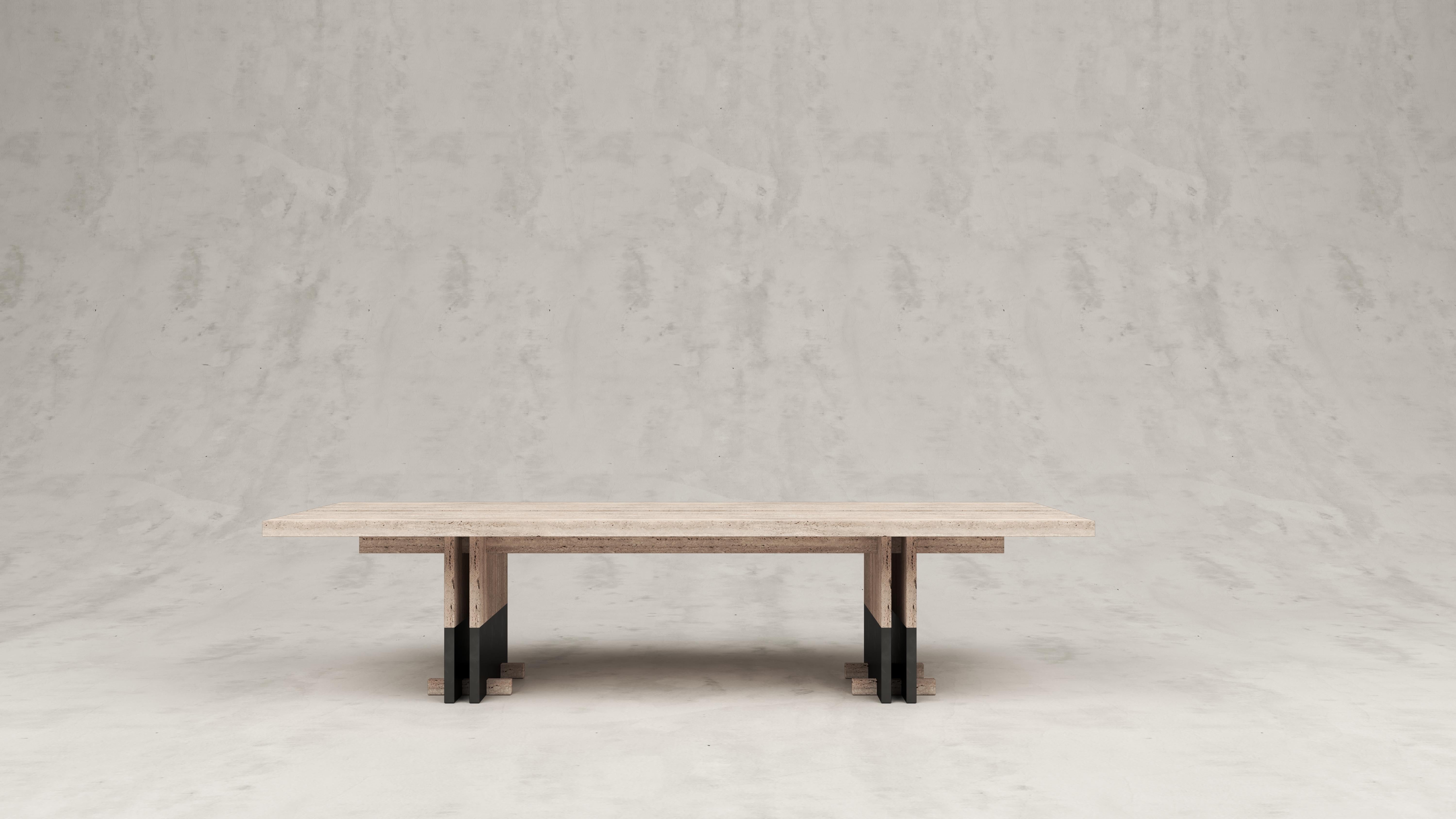 Rift travertino Gririo dining table with little feet by Andy Kerstens
Dimensions: W 240 x D 98 x H 74 cm
Materials: Travertino Gririo, Steel
Optional little feet at table legs.
Handmade in Belgium.

Available in Solid Larch, Oak and Walnut and
