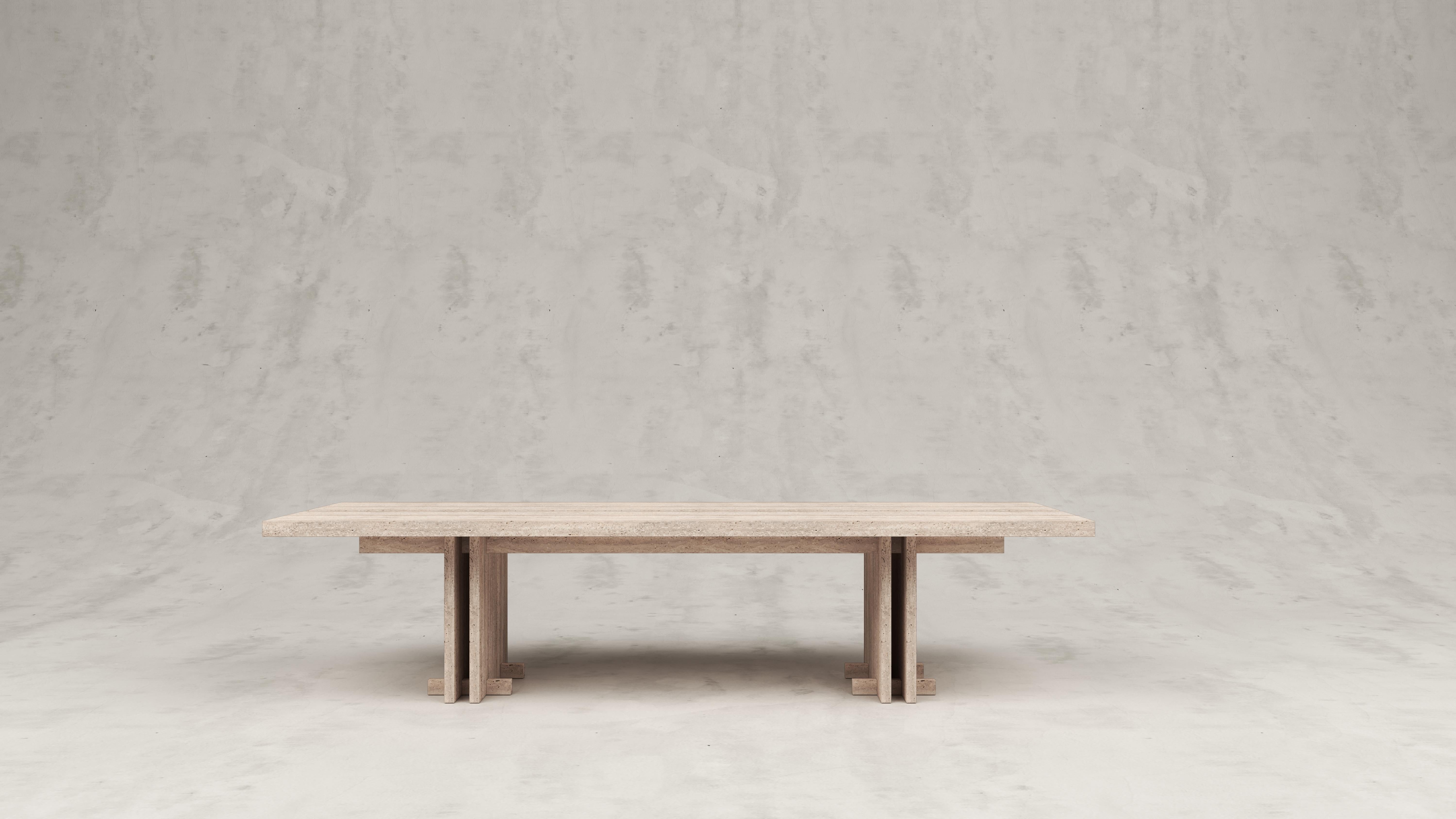 Rift travertino Gririo dining table by Andy Kerstens
Dimensions: W 240 x D 98 x H 74 cm
Materials: All stone travertino gririo
Optional little feet at table legs
Handmade in Belgium.

Available in Solid Larch, Oak and Walnut and in 320 x 102 x