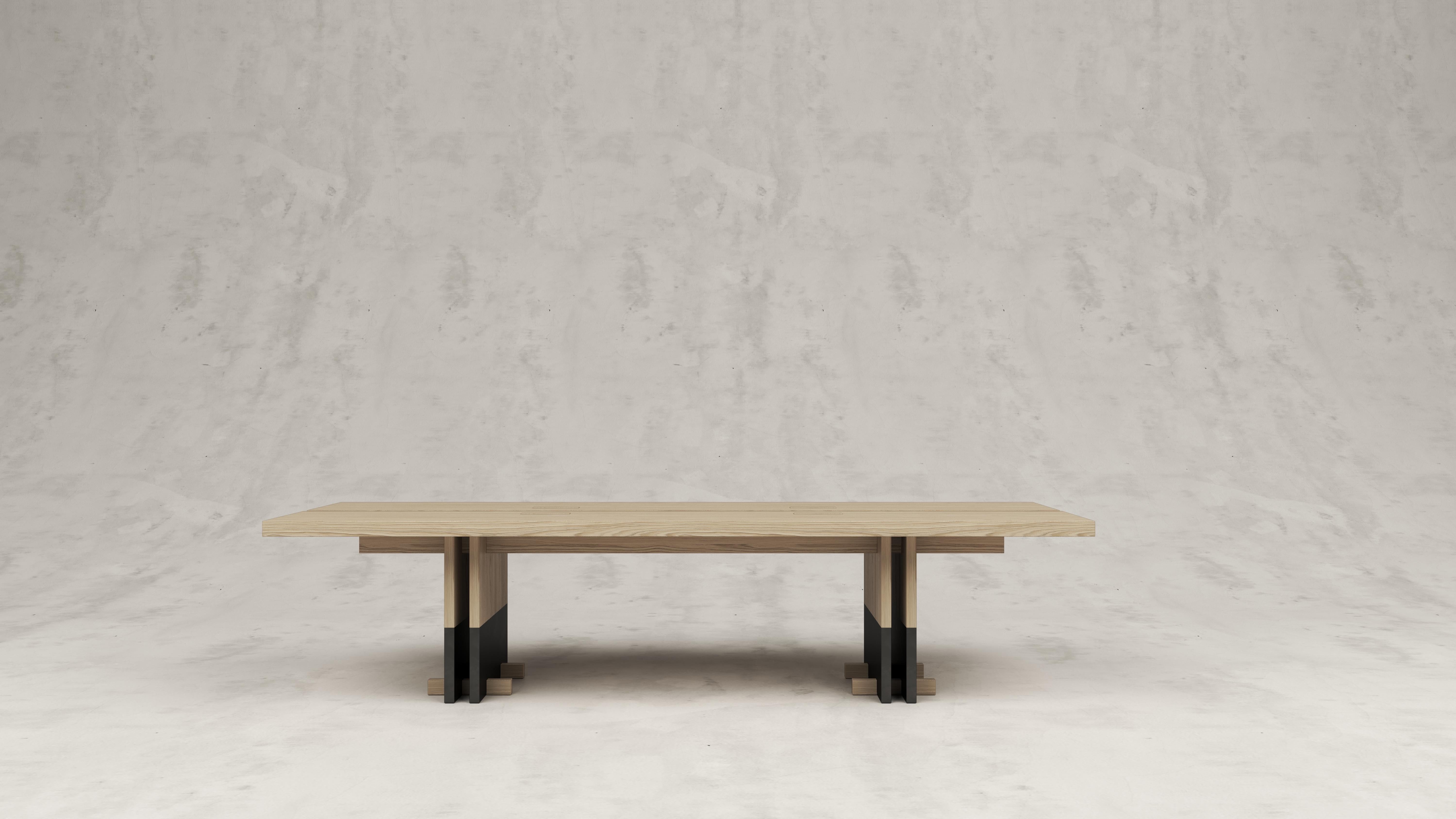 Rift wood dining table by Andy Kerstens
Dimensions: W 240 x D 98 x H 74 cm
Materials: Bleached Oak, Powder coated inox
Optional little feet at table legs.
Handmade in Belgium

Available in Solid Larch, Oak and Walnut and in 320 x 102 x 74 cm, and
