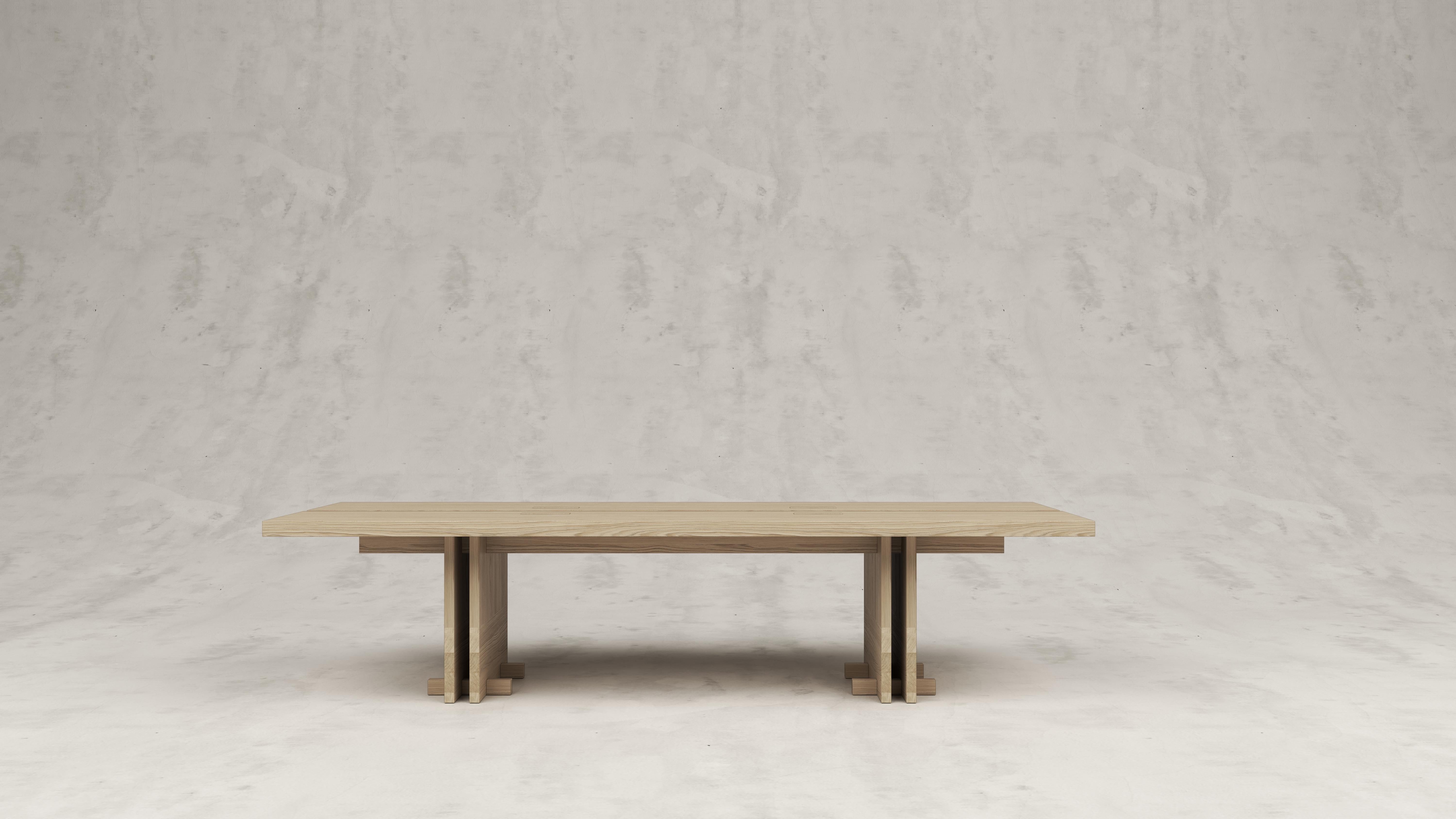 Rift wood grain dining table by Andy Kerstens
Dimensions: W 240 x D 98 x H 74 cm
Materials: White washed larch, metal.
Optional little feet at table legs, detail of rotation of wood grain halfway the table legs.
Handmade in Belgium

Available
