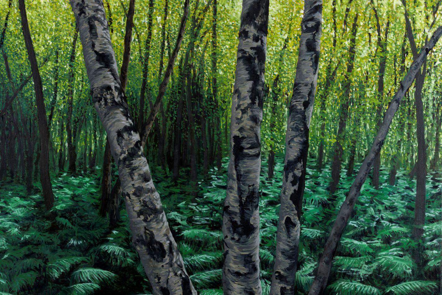 Los abedules atraen al escarabajo enjoyado -  paisaje, impresionismo, fauvismo - Landscape Painting Negro de Riga Forbes