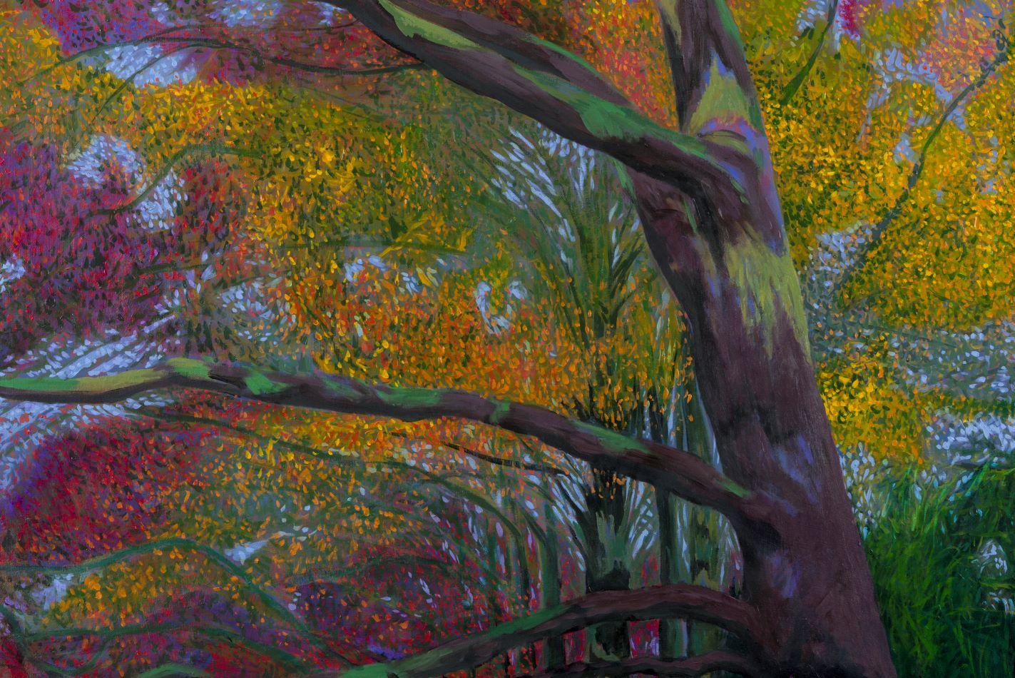 Dancing Oaks - Farbenfrohe zeitgenössische Öl-Landschaft, Impressionismus, Fauvismus (Zeitgenössisch), Painting, von Riga Forbes