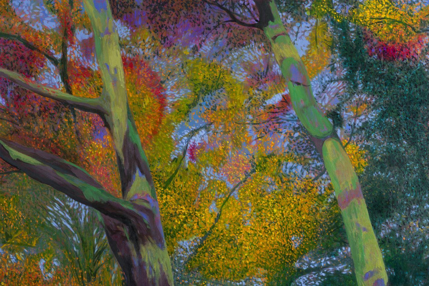 Dancing Oaks - Farbenfrohe zeitgenössische Öl-Landschaft, Impressionismus, Fauvismus (Schwarz), Landscape Painting, von Riga Forbes