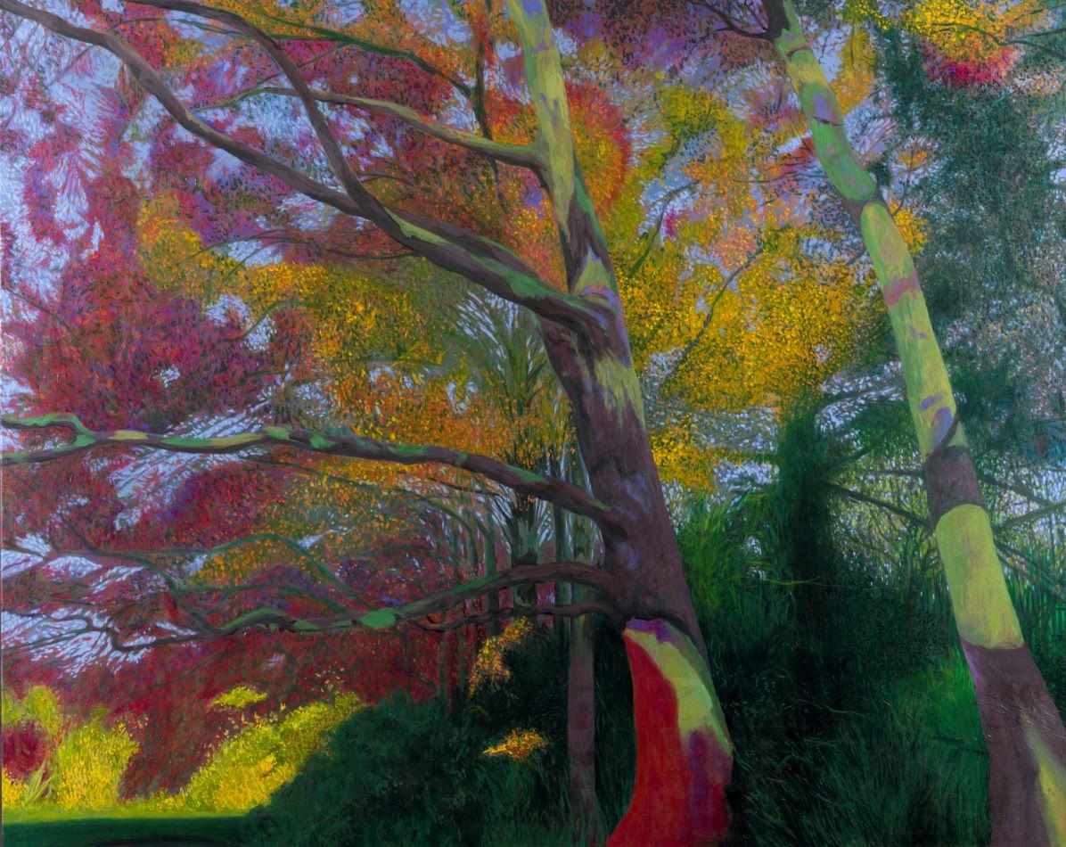 Dancing Oaks - Colourful contemporary oil landscape, impressionism, fauvism