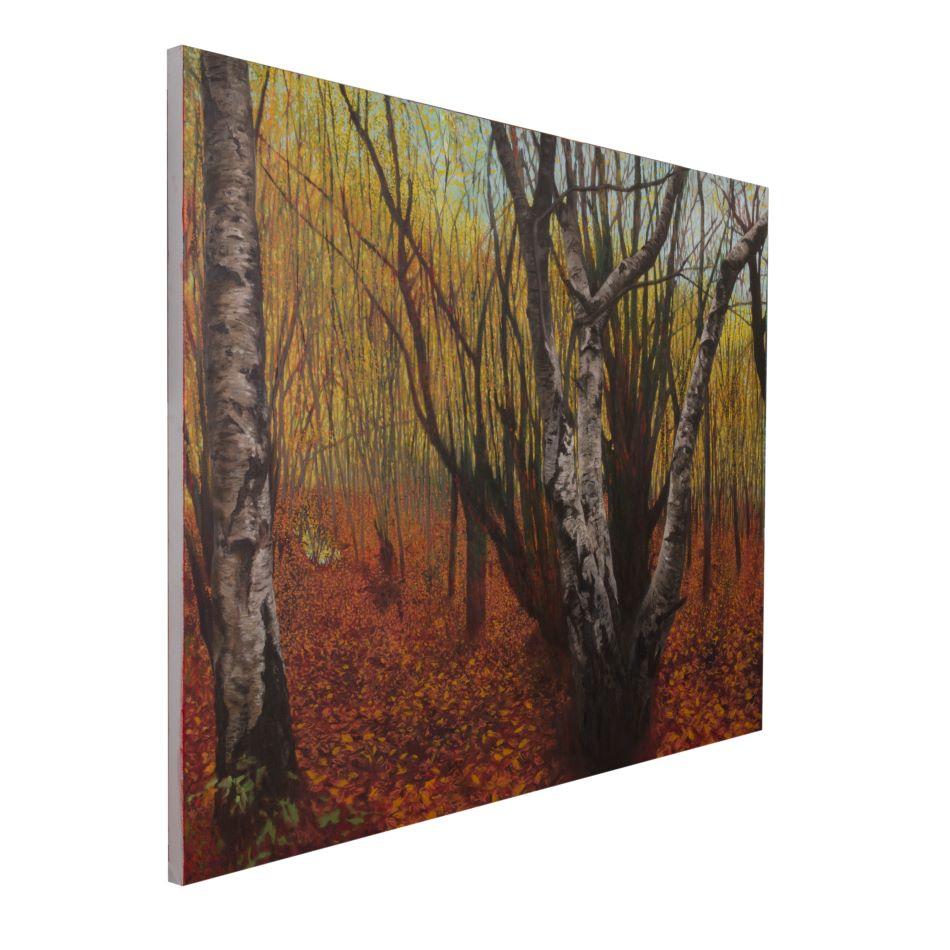 Dieses Gemälde ist inspiriert vom kraftvollen und gefühlsbetonten Ausdruck der Bäume. Ich habe eine persönliche Geschichte in diesen Silberbirkenwald eingewoben, die nahelegt, dass die Bäume selbst Wächter sind, die diesen Weg in den feurigen