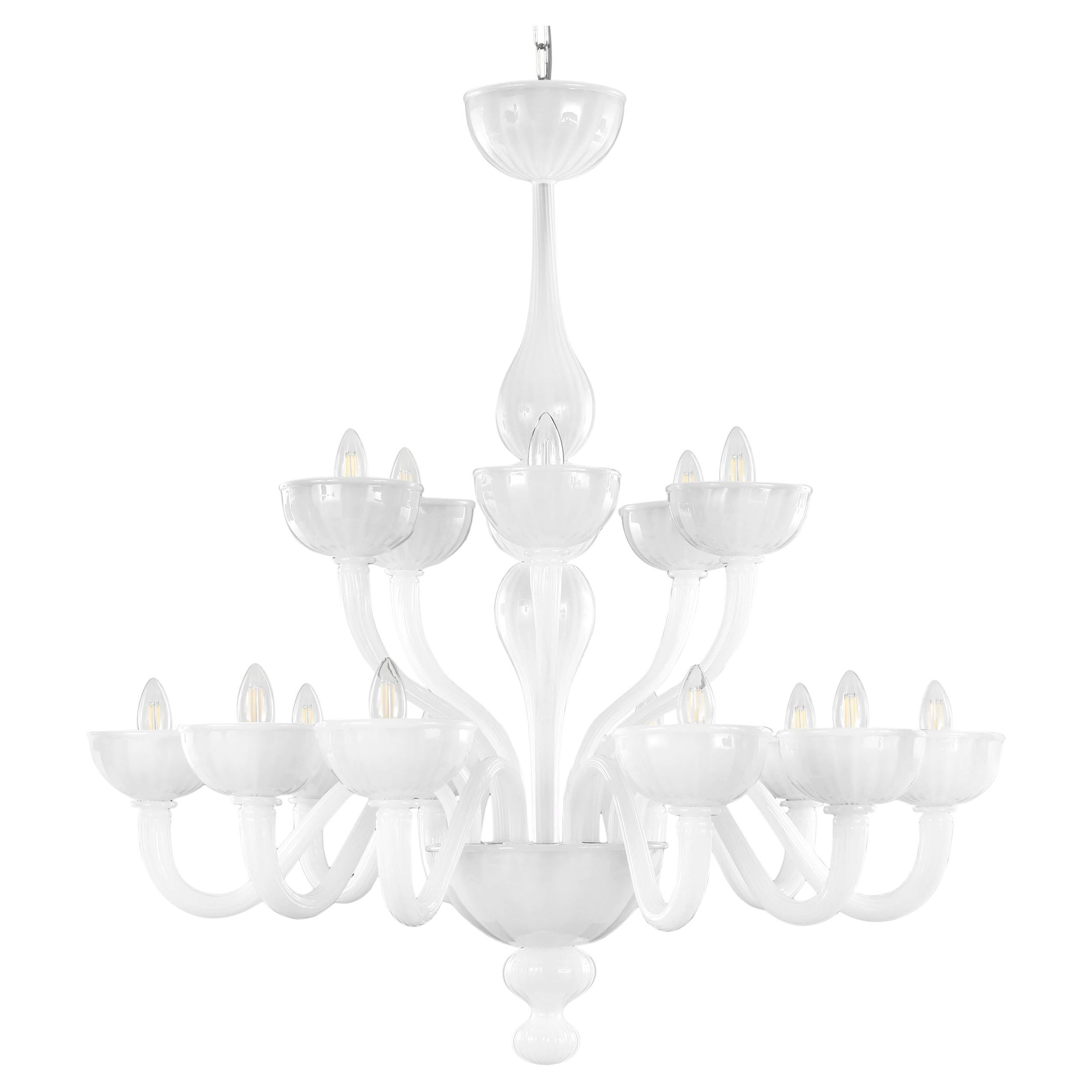 Rigadin Kronleuchter 10+5 Arme Weißes Seiden-Murano-Glas Edgar von Multiforme