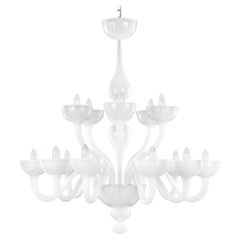 Lampadario Rigadin 10+5 bracci in vetro di Murano bianco seta Edgar di Multiforme